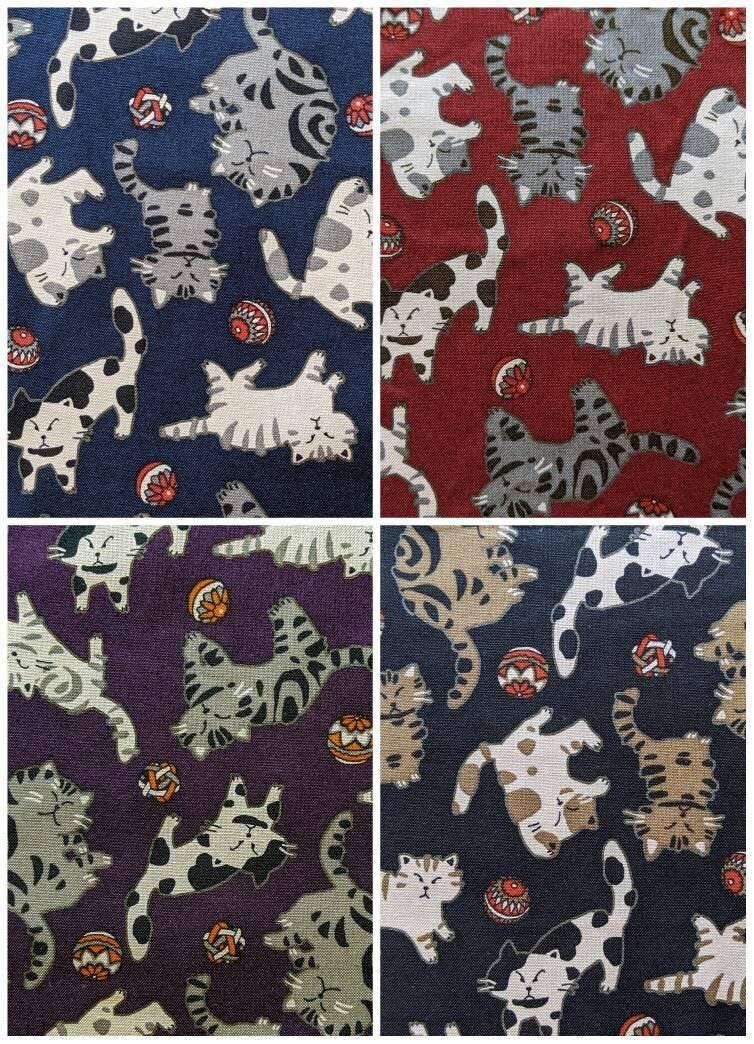 Kurenai - Cats and Balls Cotton Fabric - Purple