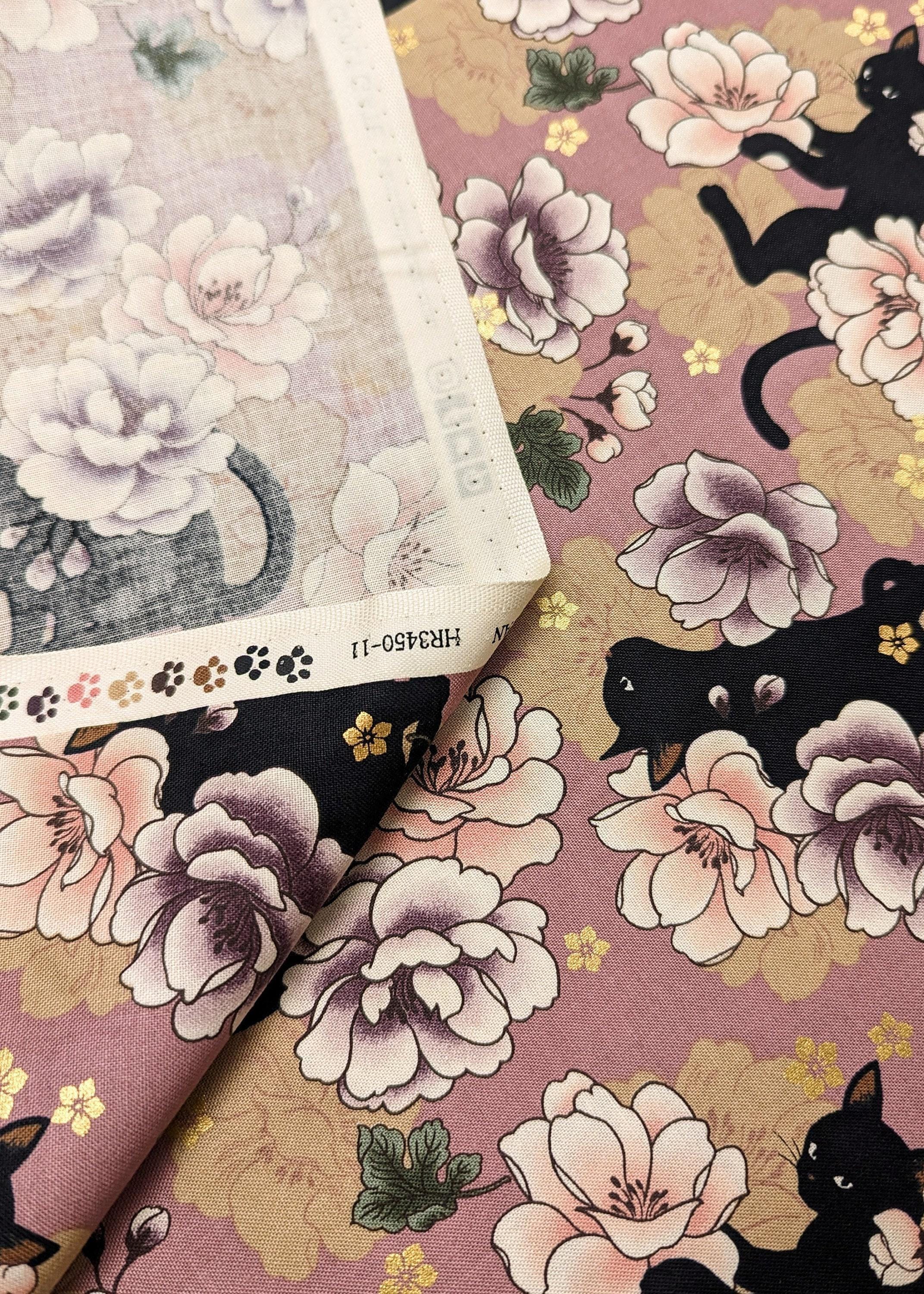 QuiltGate - Hyakka Ryoran Blossoming Cats Cotton Fabric - Pink