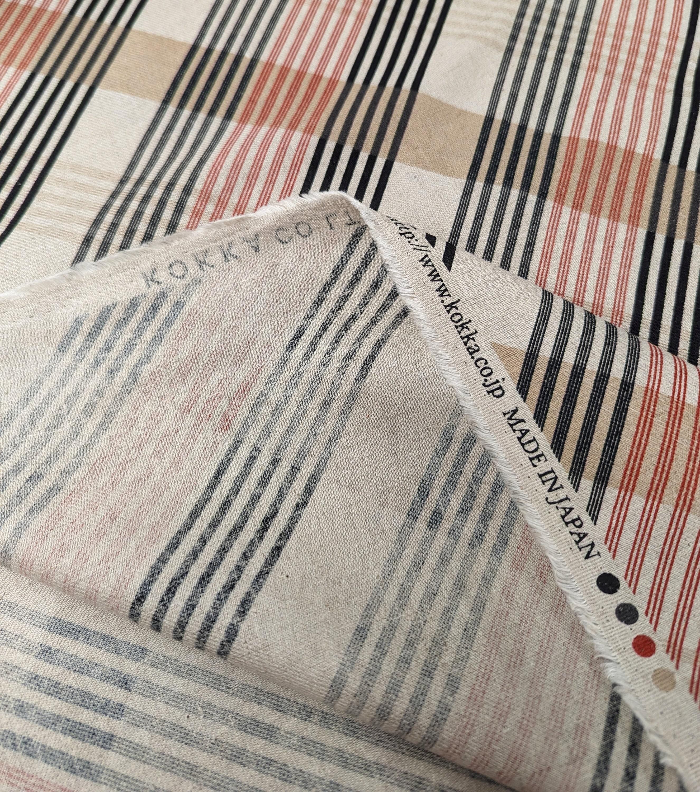 Kokka - Plaid Stripe Cotton/Linen Fabric - Red