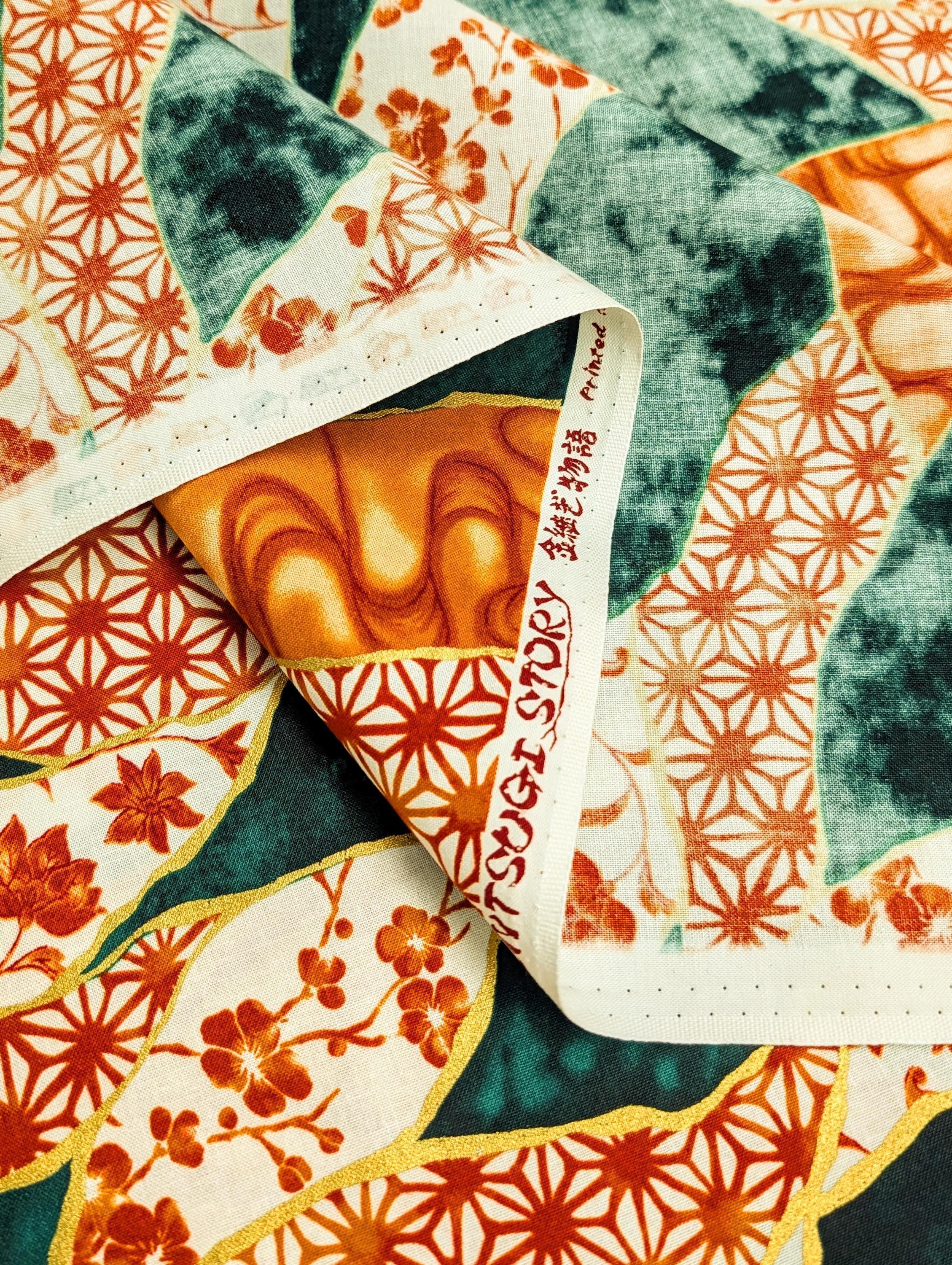 Senyo - Patterned Golden Kintsugi Cotton Fabric - Green and Orange