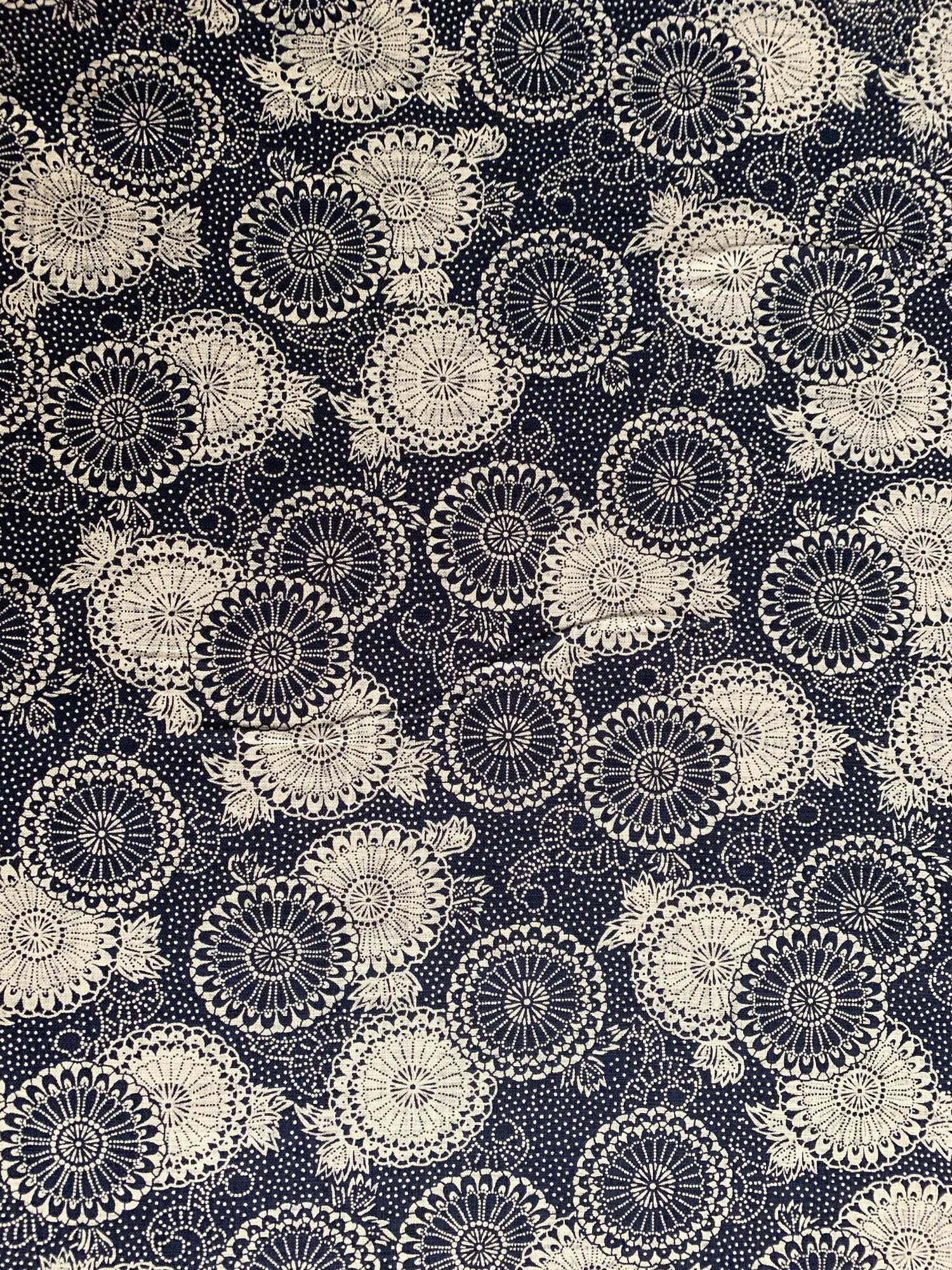 Sevenberry - Katazome Chrysanthemums Cotton Fabric - Navy Blue Beige