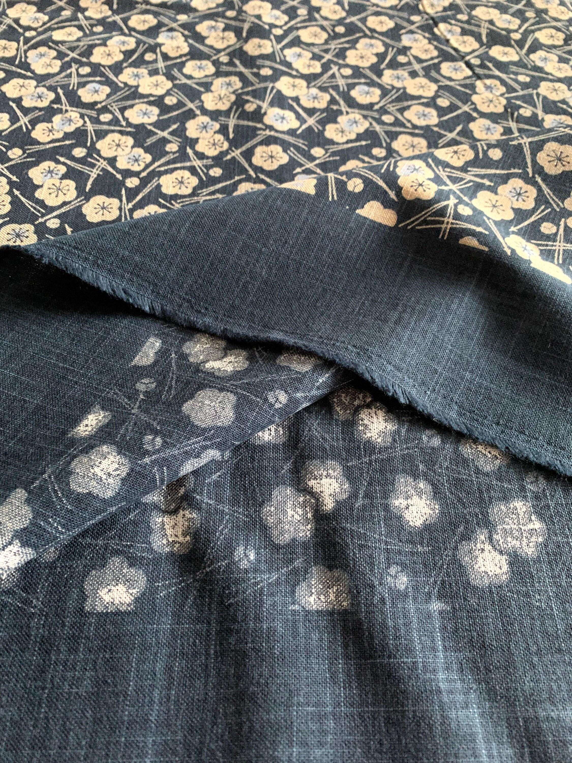 Kurenai - Plum Blossom and Pine Hand Stenciled Cotton - Blue Beige