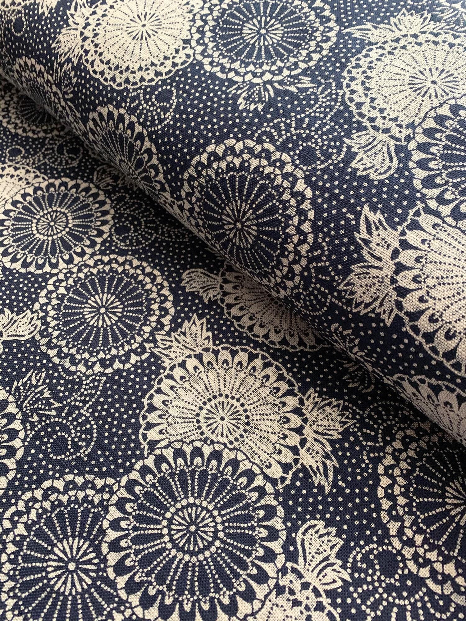 Sevenberry - Katazome Chrysanthemums Cotton Fabric - Navy Blue Beige