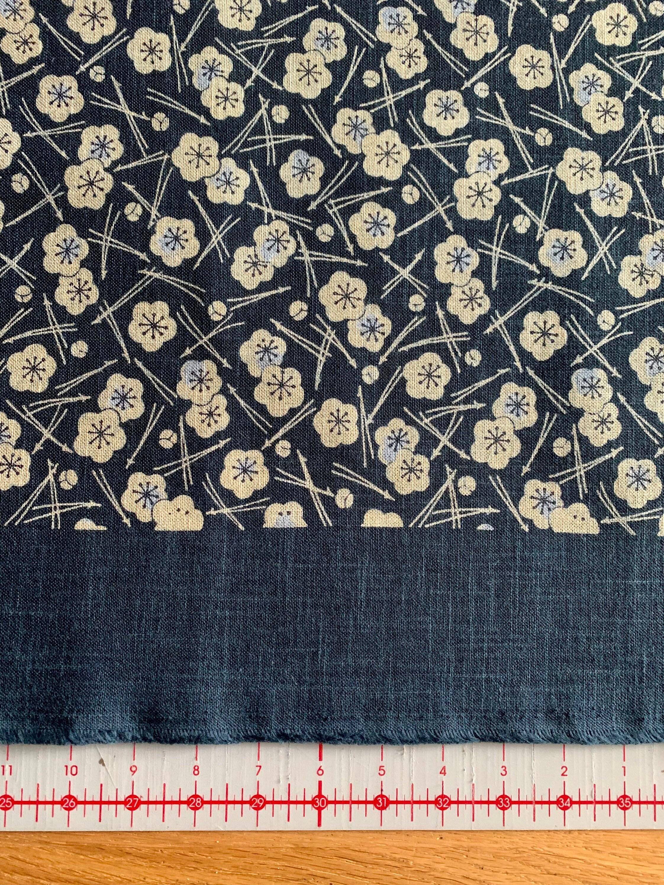 Kurenai - Plum Blossom and Pine Hand Stenciled Cotton - Blue Beige