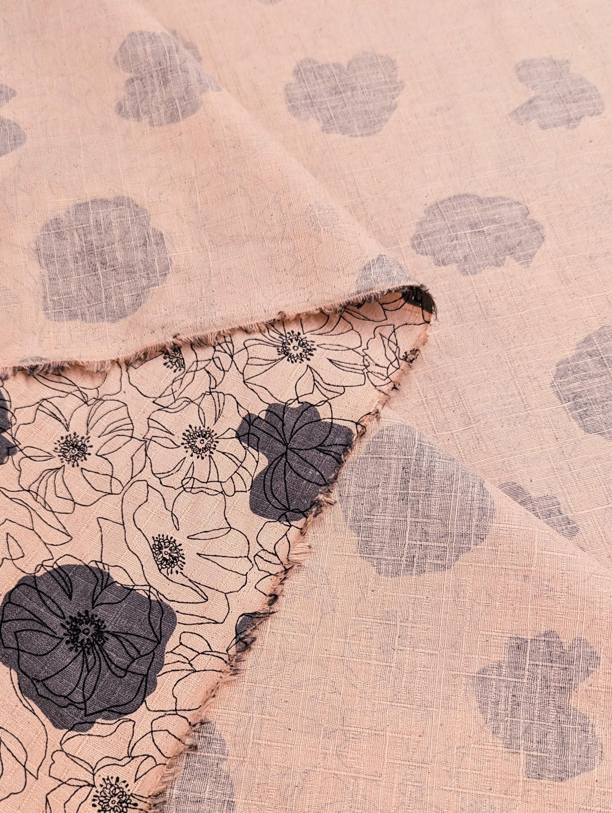 Koizumi - Line Art Poppies Cotton Dobby - Pink and Gray