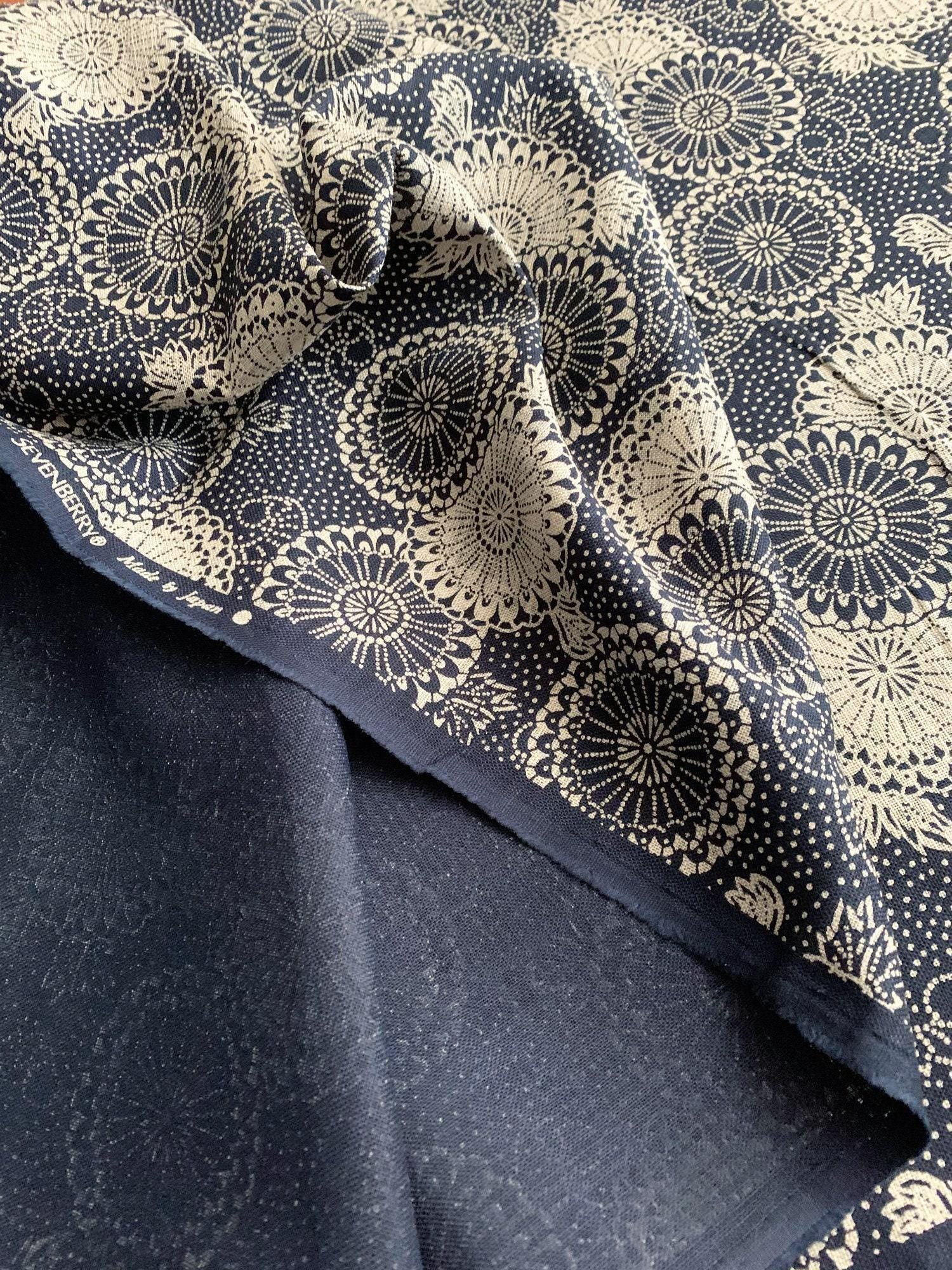 Sevenberry - Katazome Chrysanthemums Cotton Fabric - Navy Blue Beige