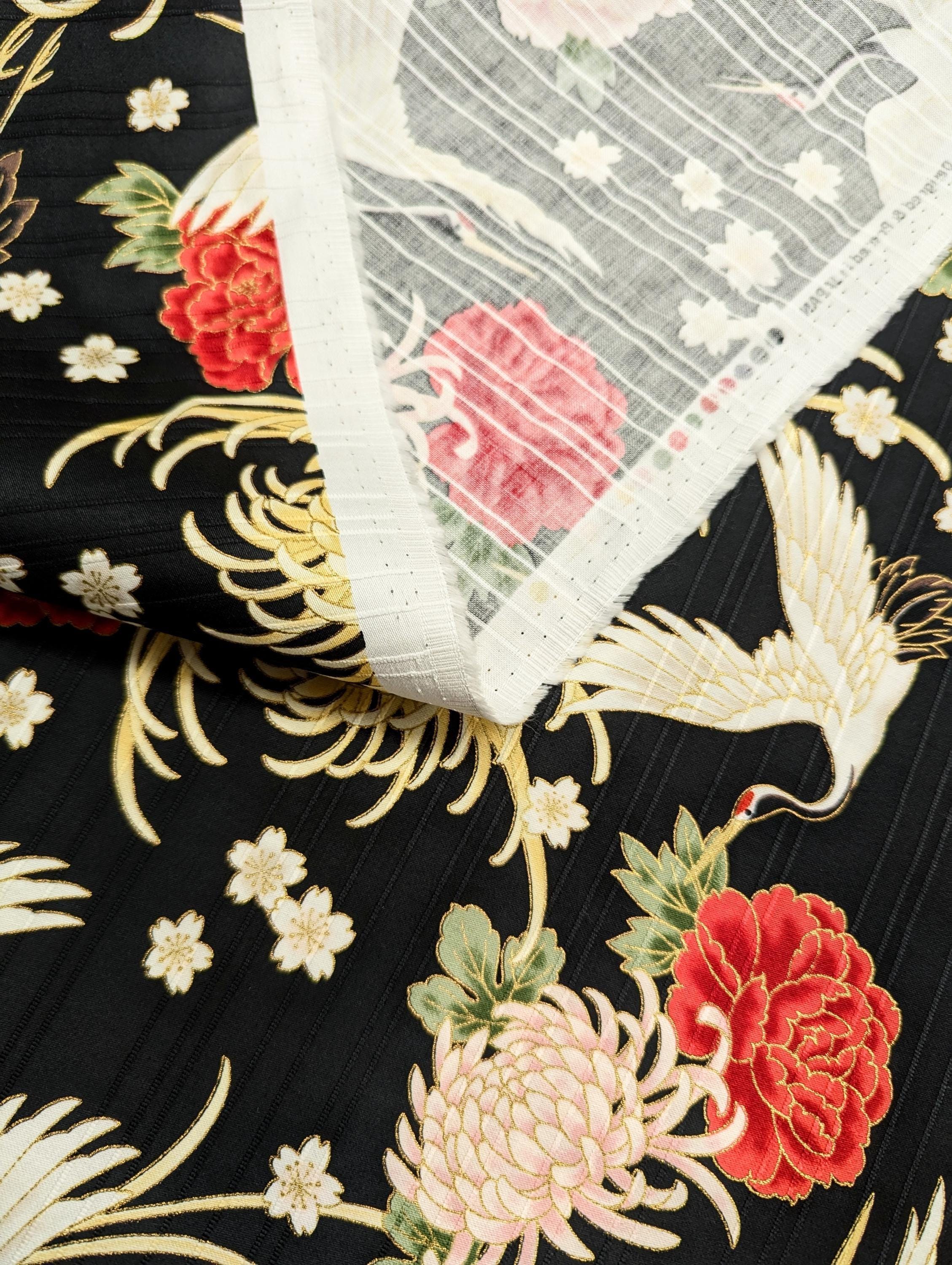 Cosmo - Cranes and Flowers Cotton Shantung - Black