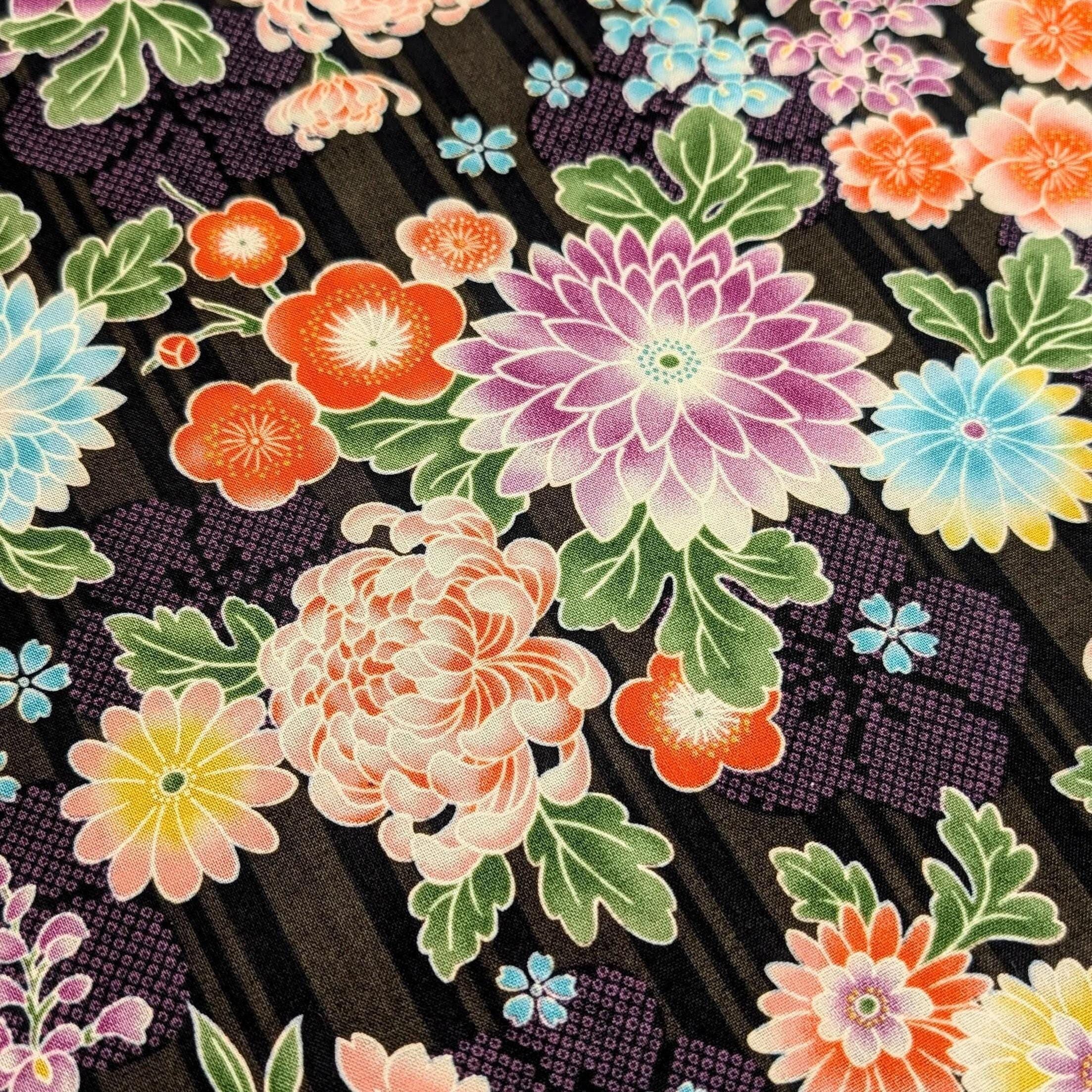 Sevenberry - Striped Shibori Flowers Cotton Fabric - Black