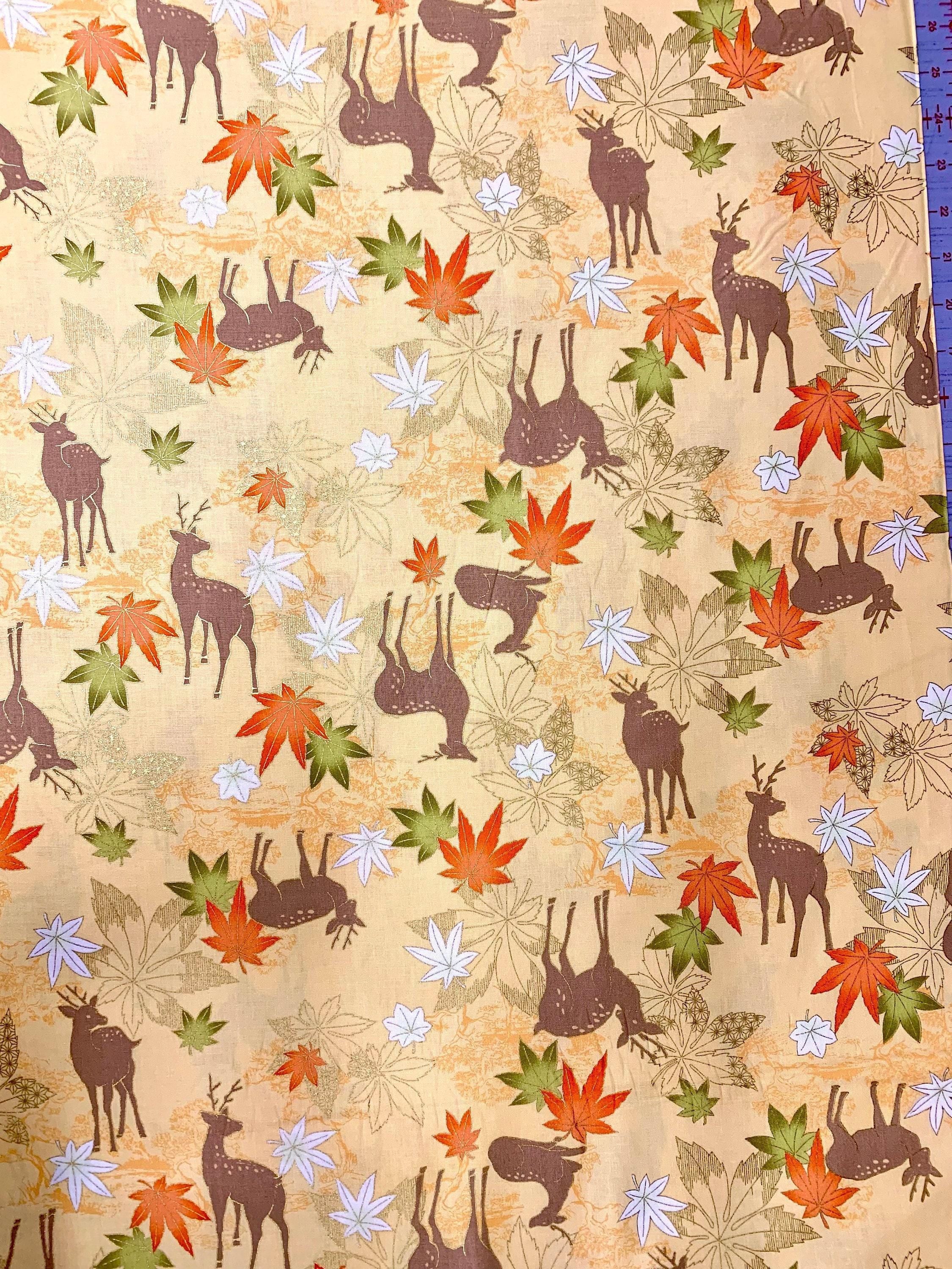 QuiltGate - Hyakka Ryoran Deer and Maple Leaf Cotton Fabric - Custard Orange Yellow Green Gold