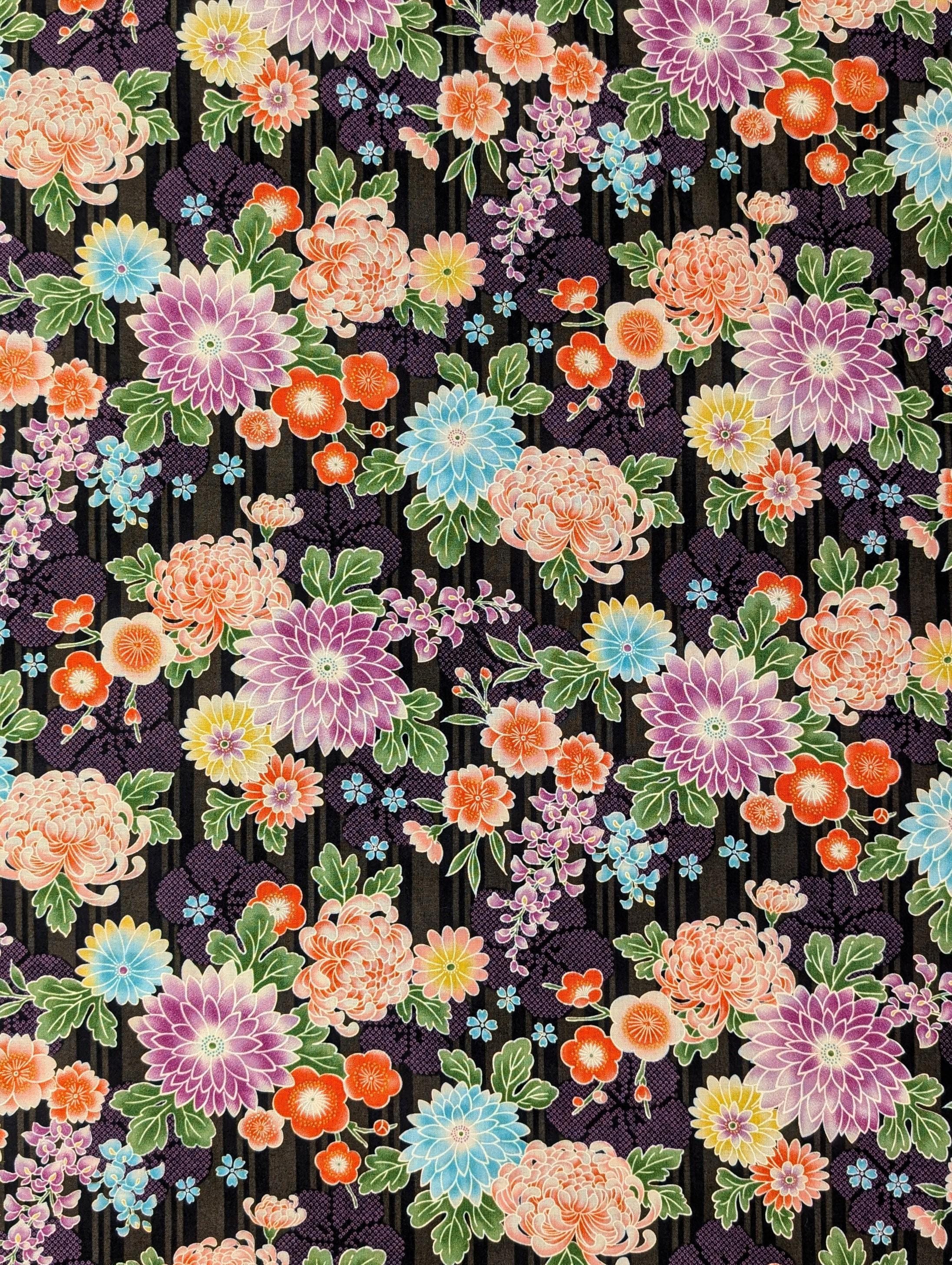 Sevenberry - Striped Shibori Flowers Cotton Fabric - Black