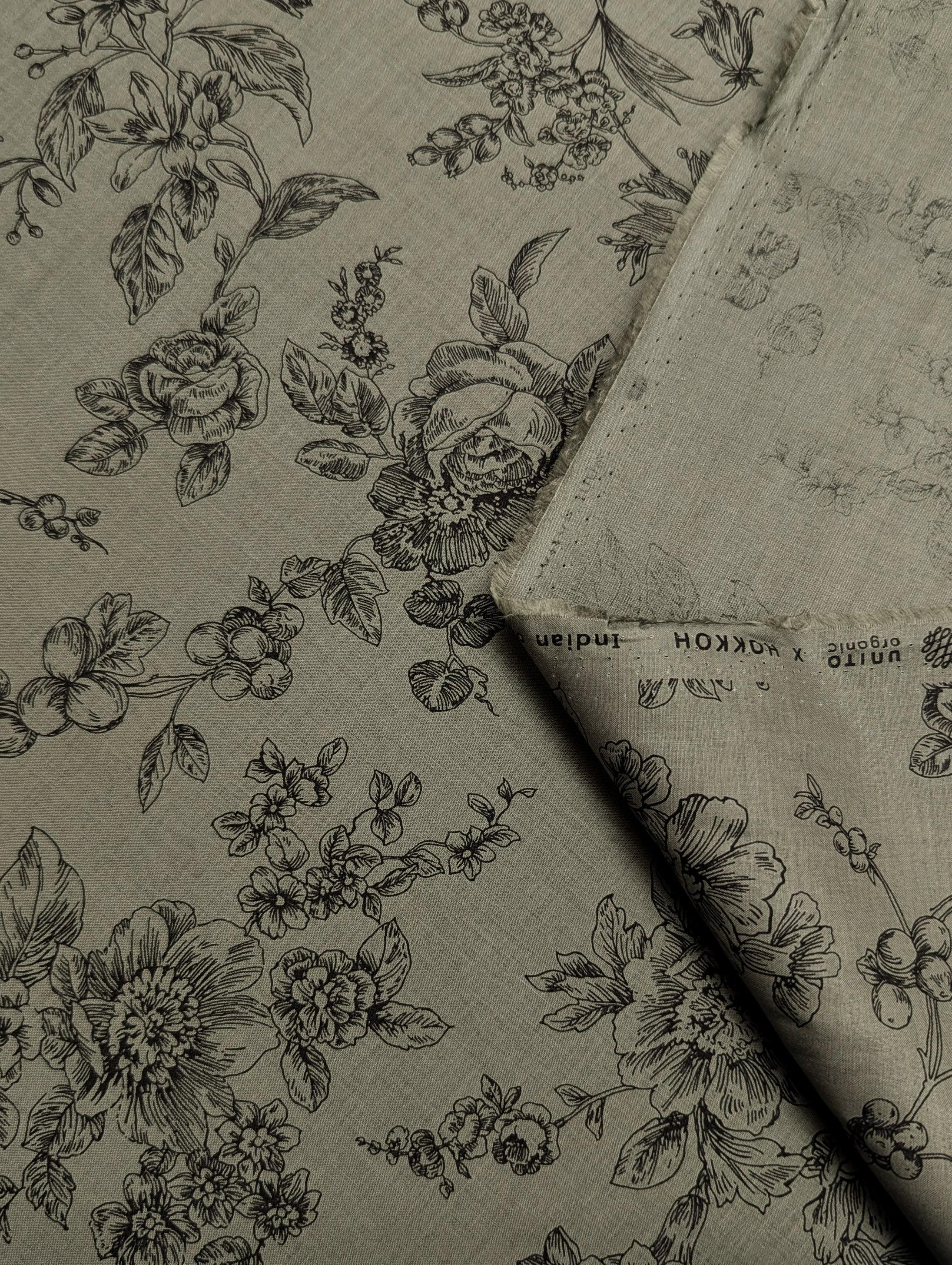 Hokkoh - Botanical Sketch Organic Cotton Lawn - Green and Black