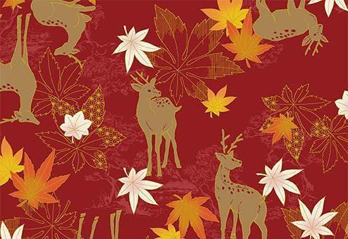 QuiltGate - Hyakka Ryoran Deer and Maple Leaf Cotton Fabric - Red Orange Yellow Gold