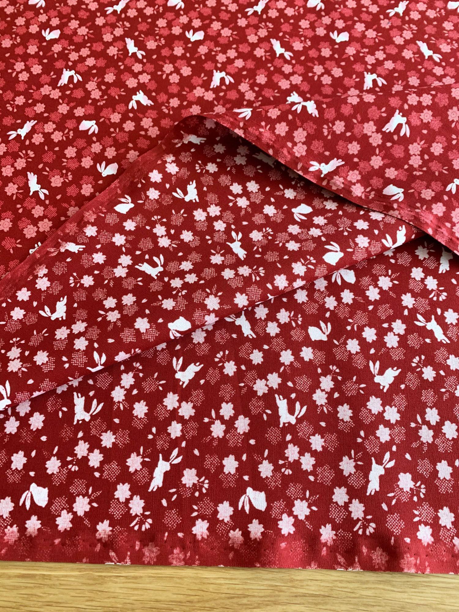 Rabbits and Cherry Blossoms Japanese cotton fabric 3060-27E red
