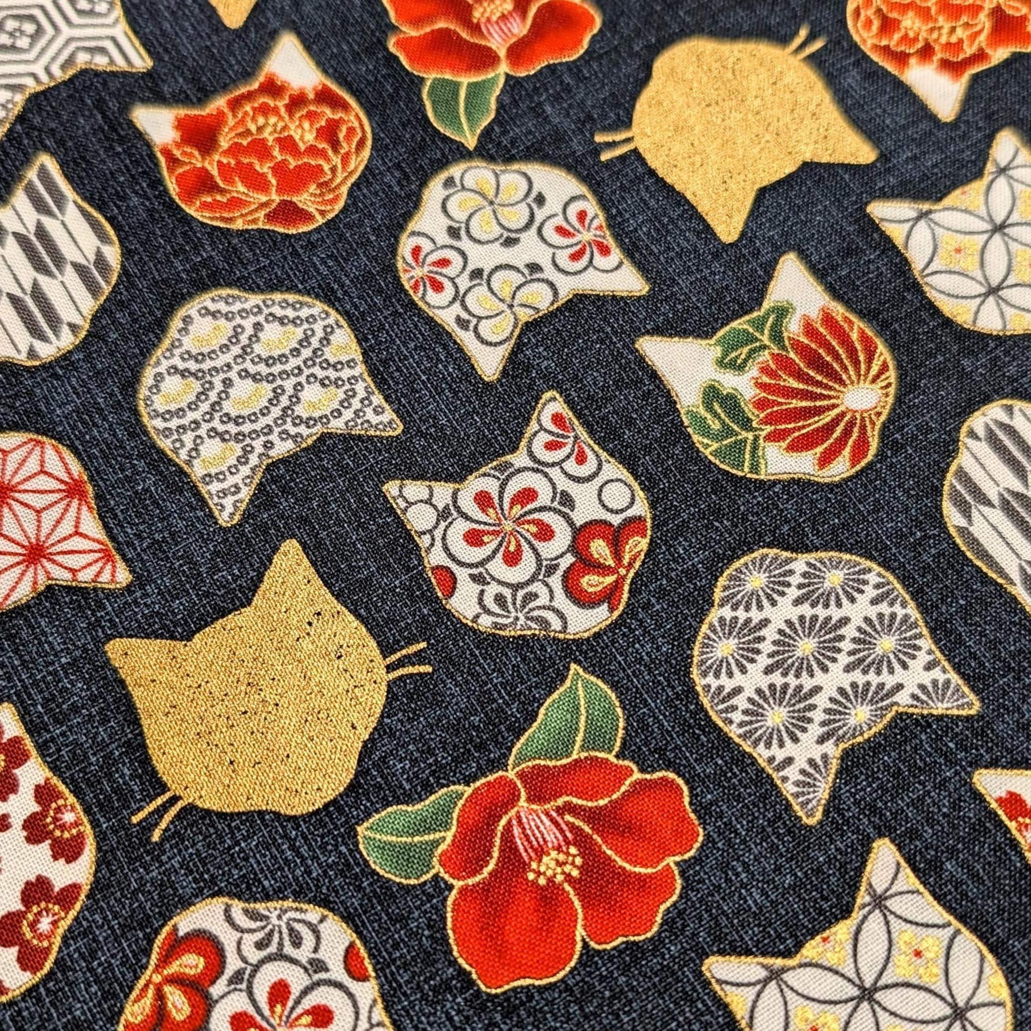 QuiltGate - Hyakka Ryoran Patterned Cats Cotton Fabric - Black