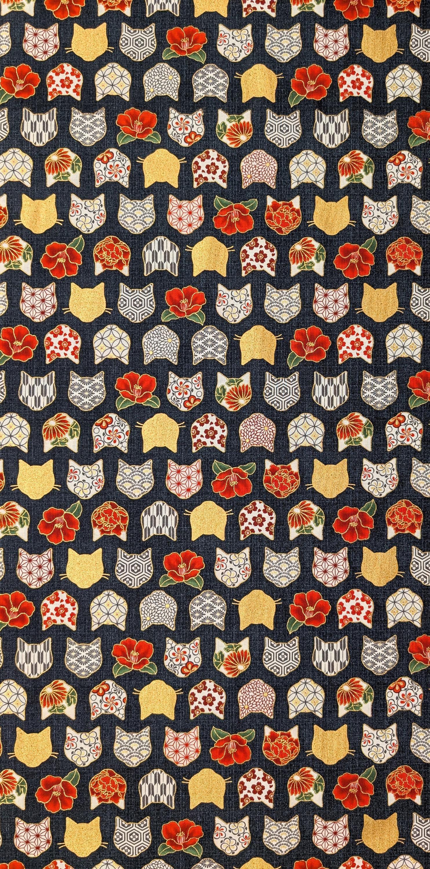 QuiltGate - Hyakka Ryoran Patterned Cats Cotton Fabric - Black