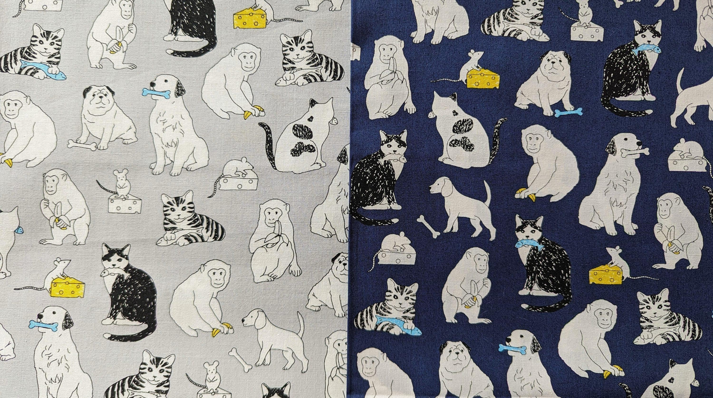 Sevenberry - Cats Dogs Mice and Monkeys Cotton Fabric - Navy Blue