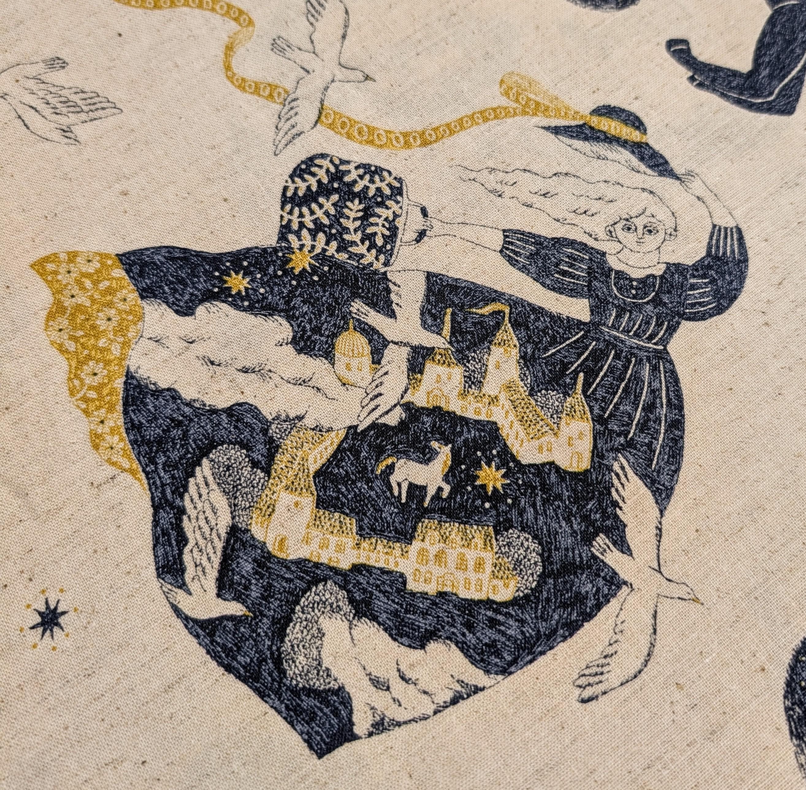 Kokka - Fantasy Vacation Border Print Cotton/Linen Fabric - Navy Yellow