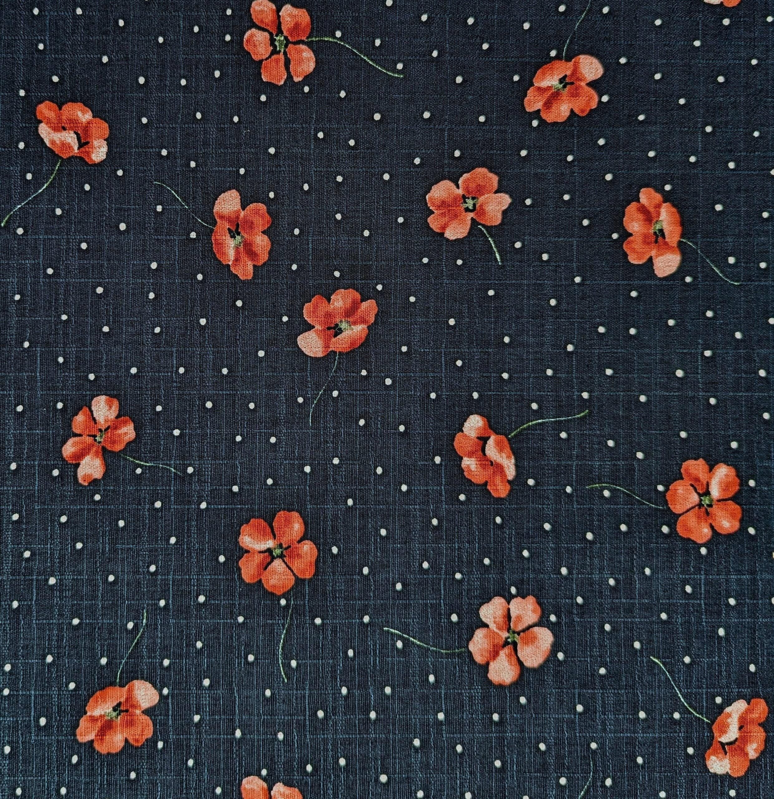 Koizumi - Polka Dotted Poppies Cotton Dobby - Navy