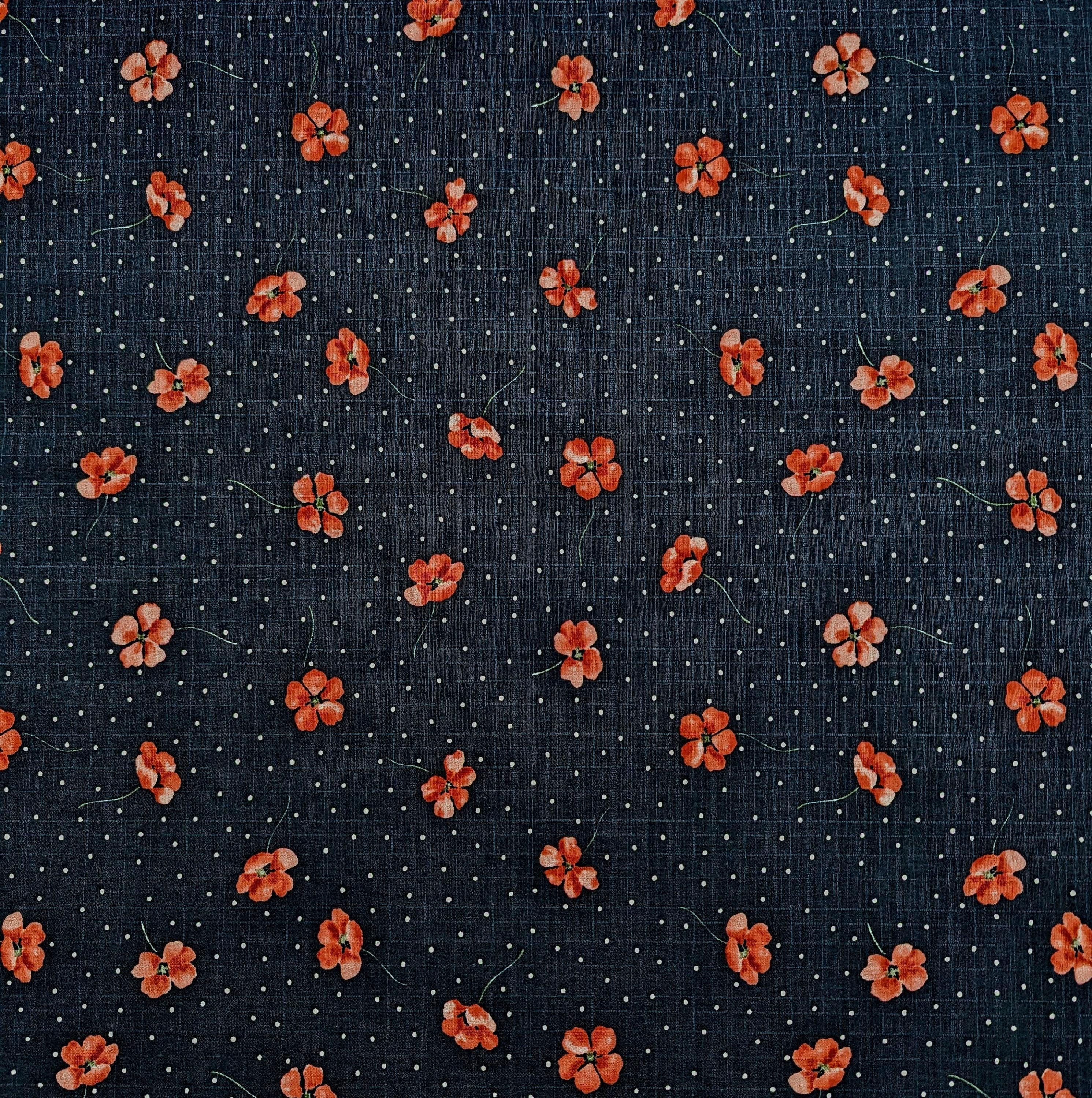 Koizumi - Polka Dotted Poppies Cotton Dobby - Navy