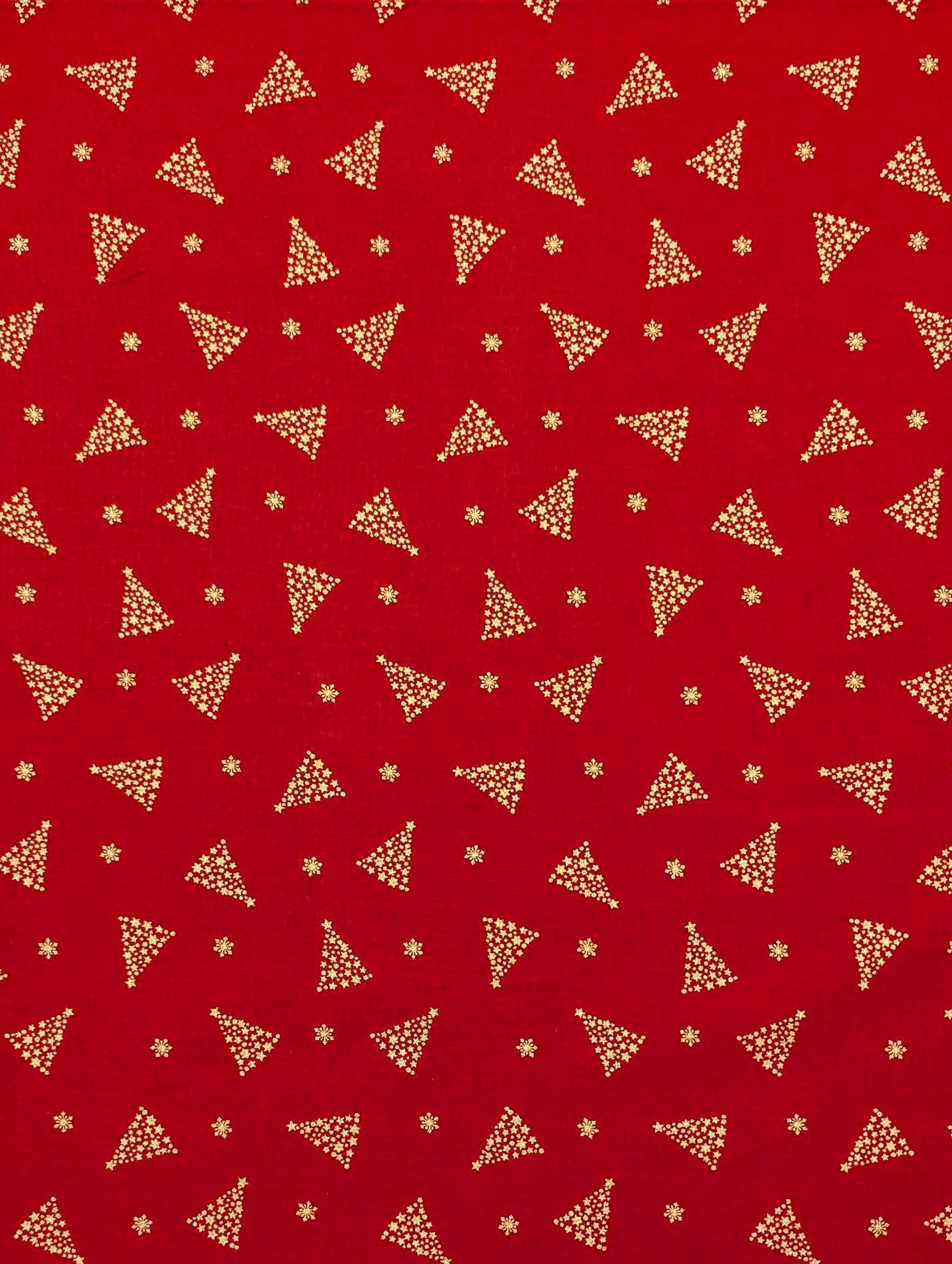 Hishiei - Golden Holiday Trees Cotton Fabric - Red