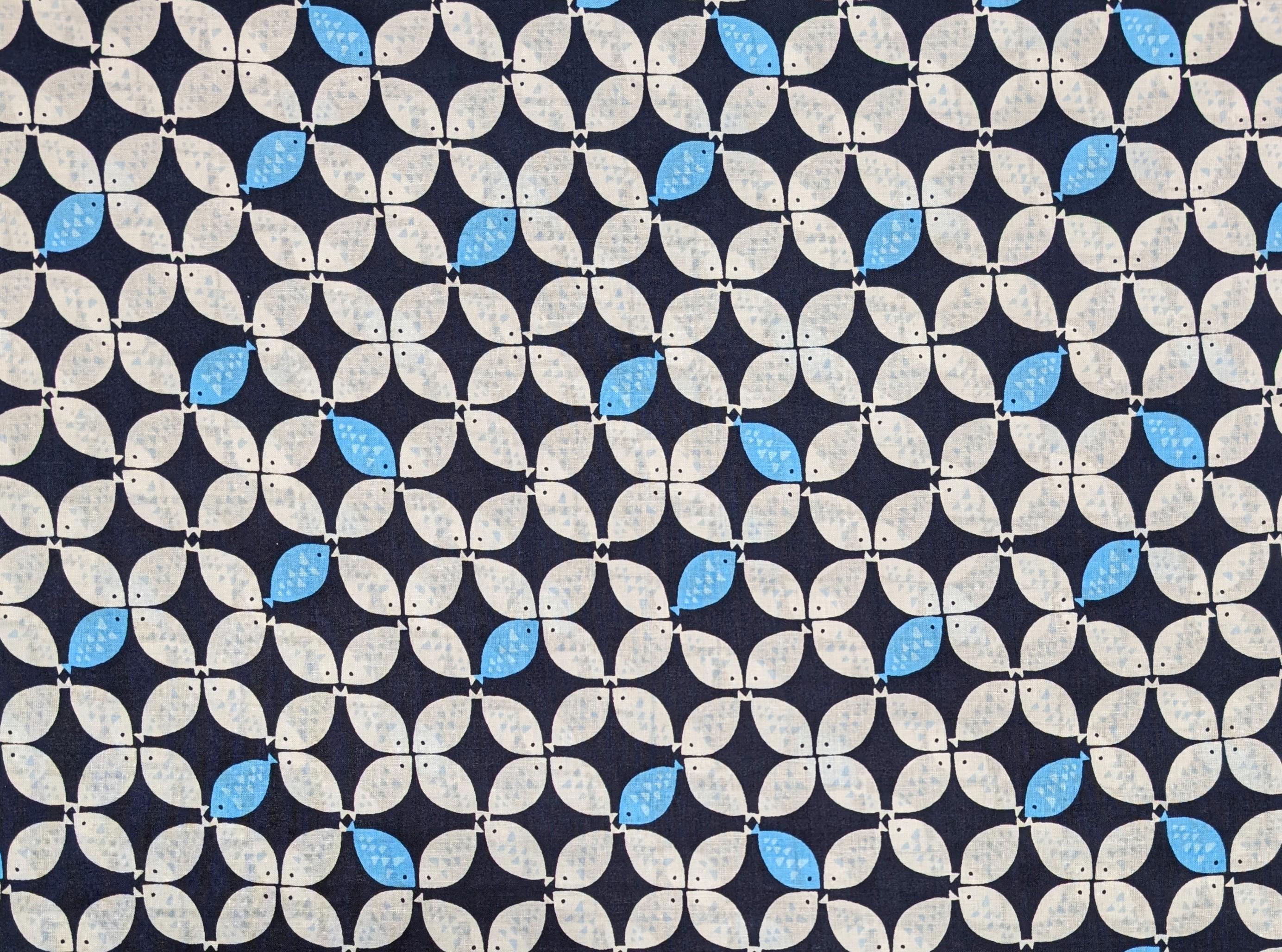 Sevenberry - Shippō Fish Cotton Fabric - White and Blue