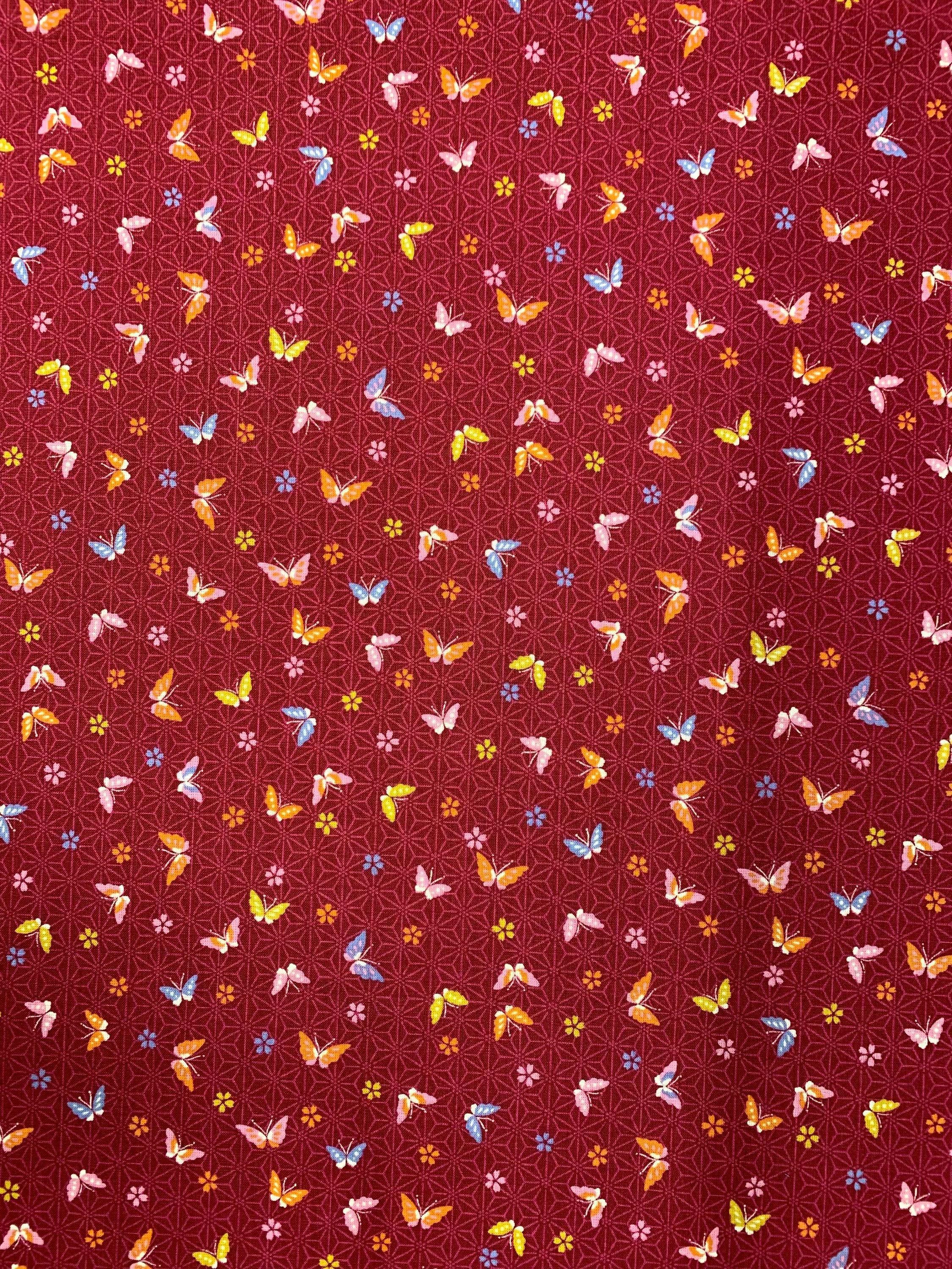 Sevenberry - Little Butterflies and Asanoha Stars Cotton Fabric - Red