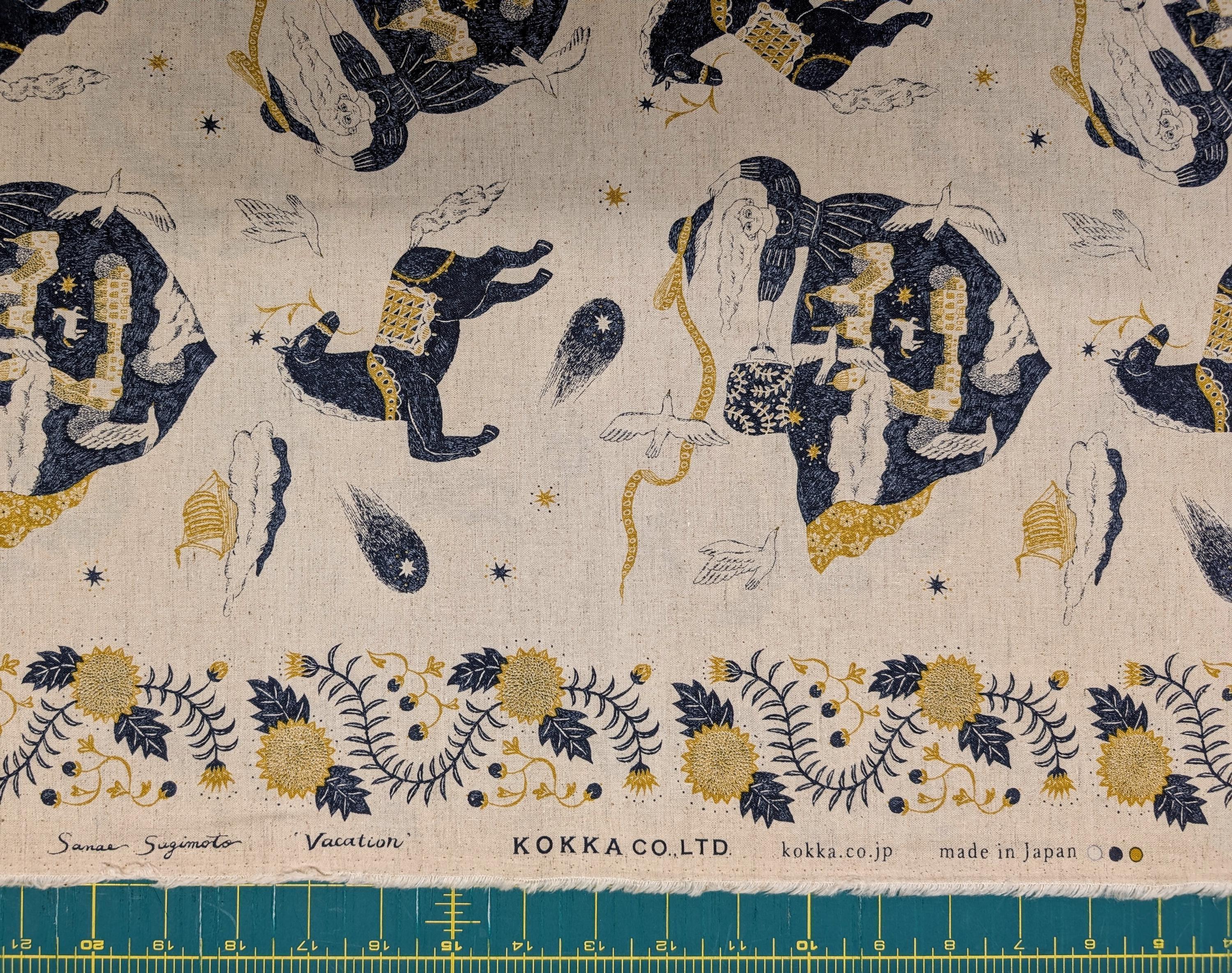Kokka - Fantasy Vacation Border Print Cotton/Linen Fabric - Navy Yellow