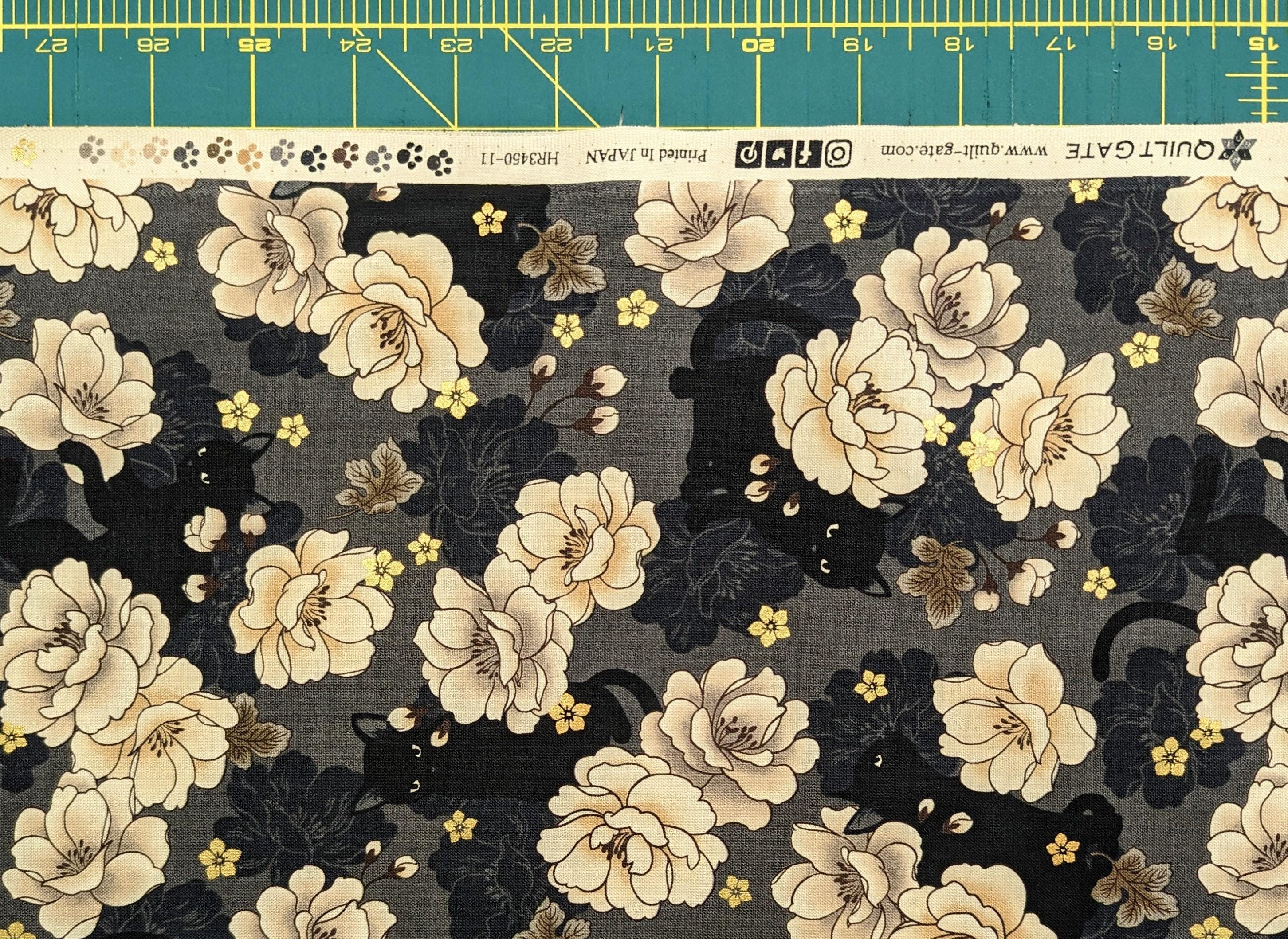 QuiltGate - Hyakka Ryoran Blossoming Cats Cotton Fabric - Gray