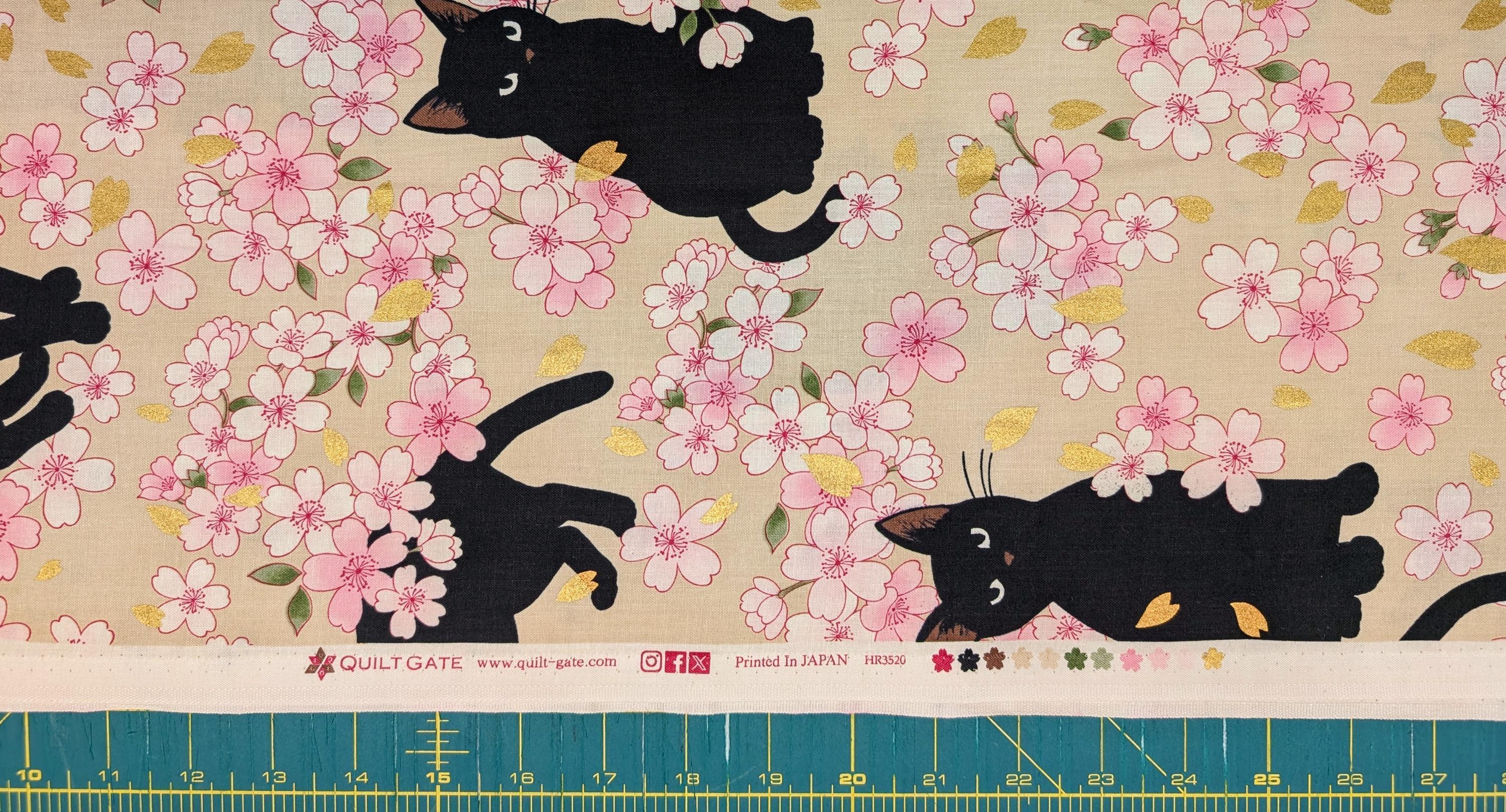 QuiltGate - Hyakka Ryoran Black Cats and Cherry Blossoms Cotton Fabric - Beige
