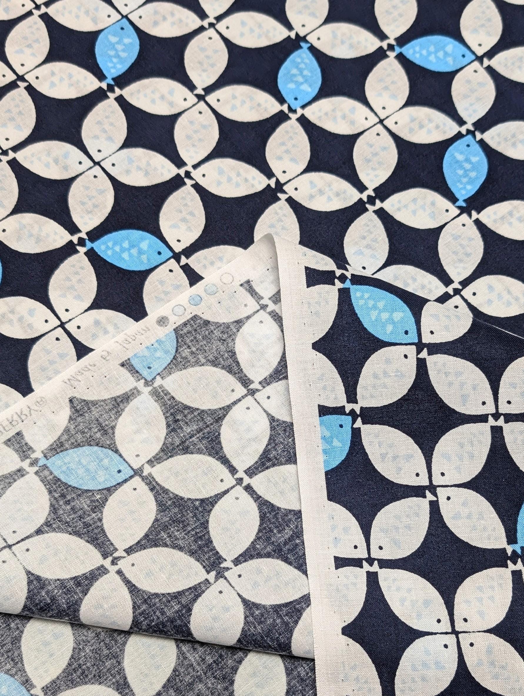 Sevenberry - Shippō Fish Cotton Fabric - White and Blue
