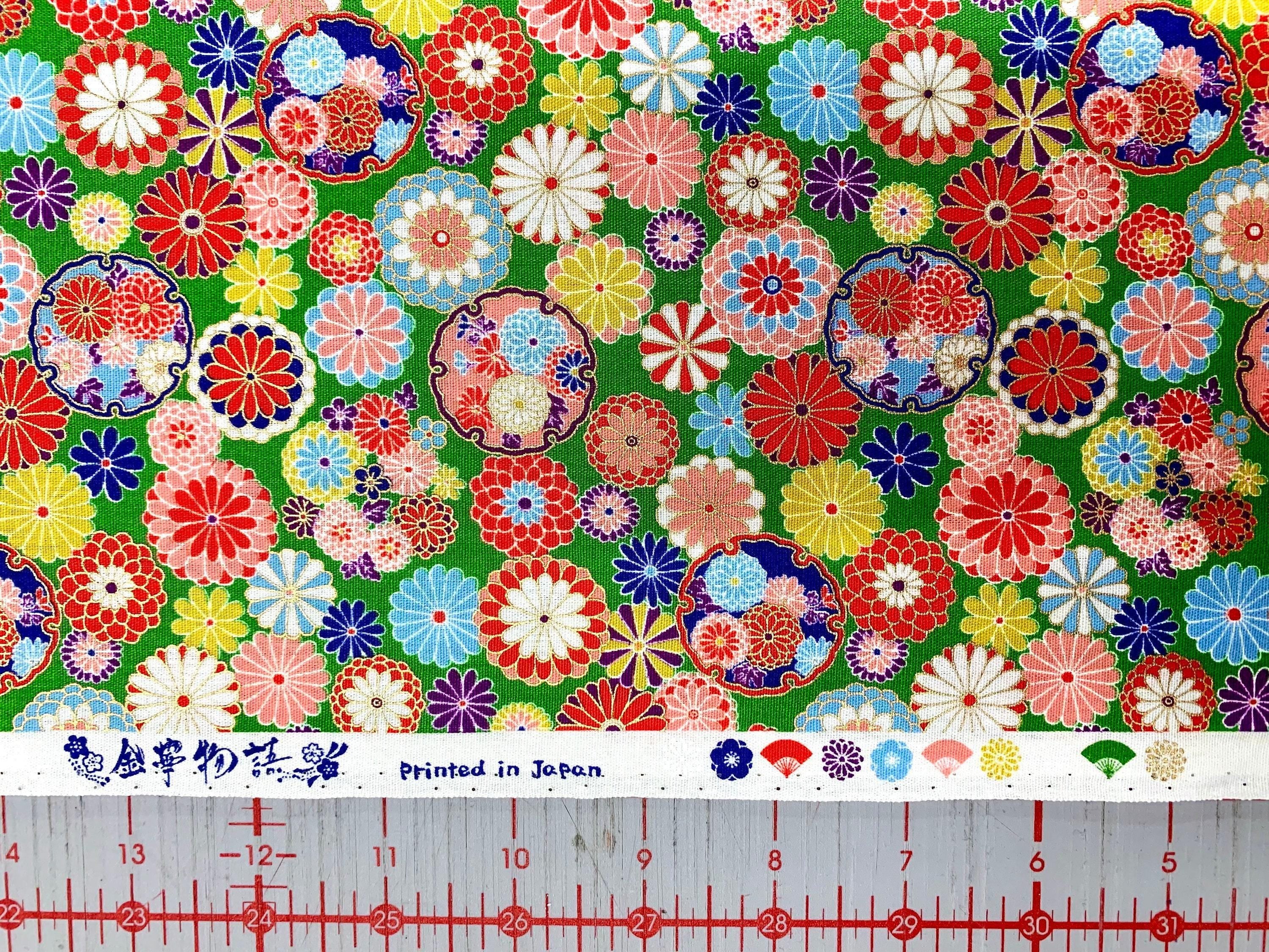 Senyo - Golden Flower Story Chrysanthemums Cotton Fabric - Green Red Blue