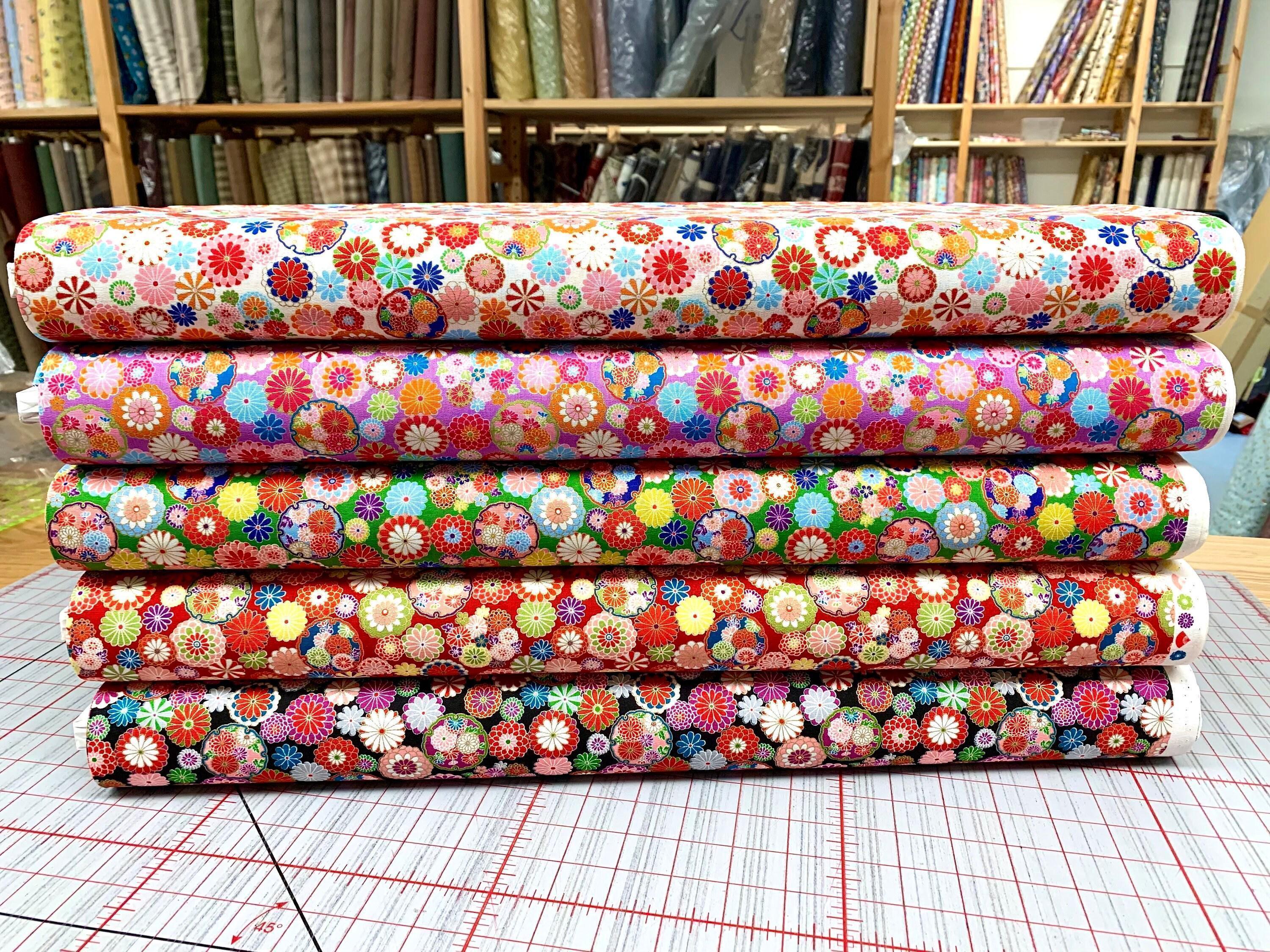 Senyo - Golden Flower Story Chrysanthemums Cotton Fabric - Green Red Blue
