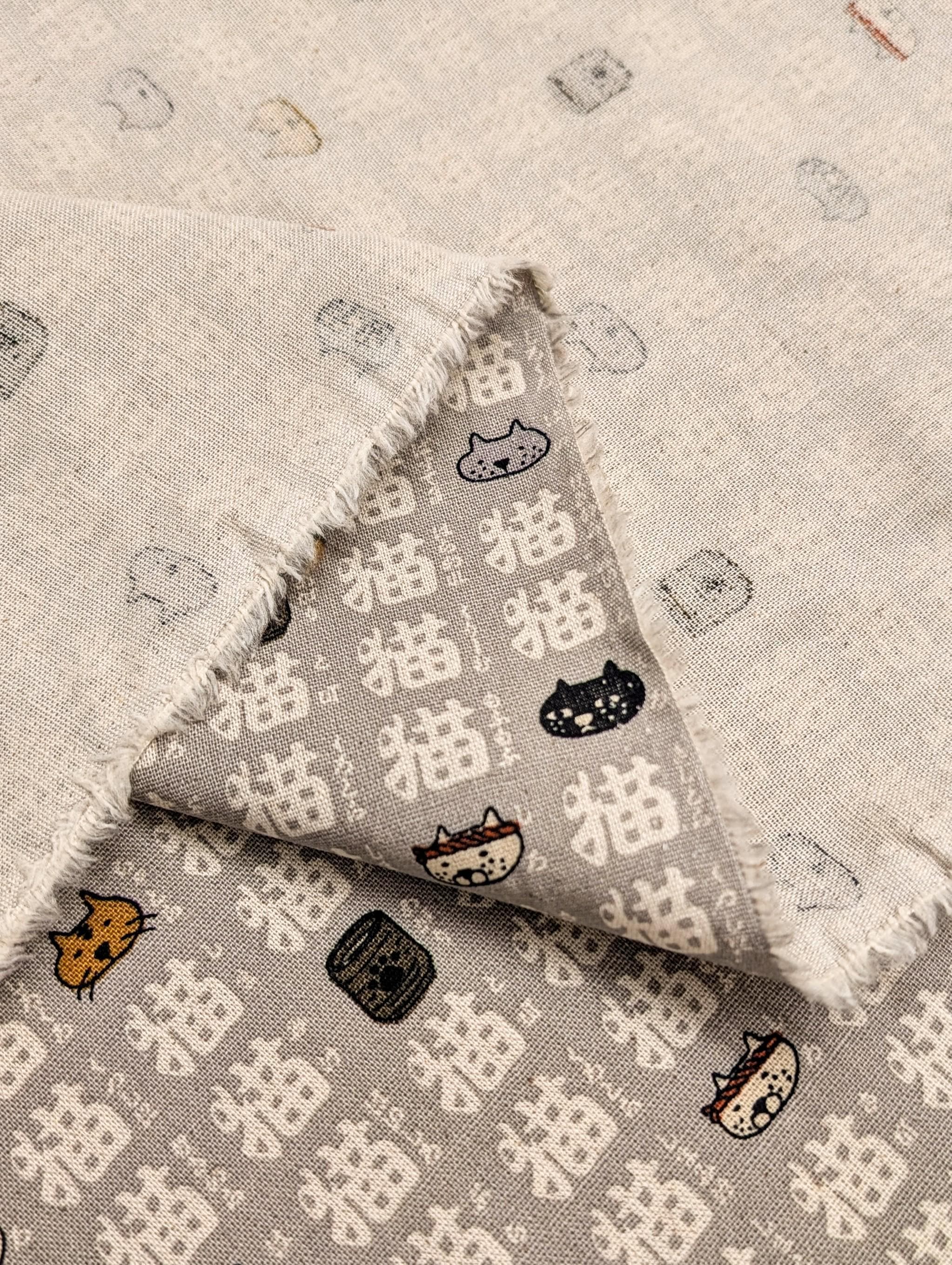 Kobayashi - Kanji Cats Cotton/Linen Light Canvas - Gray and White