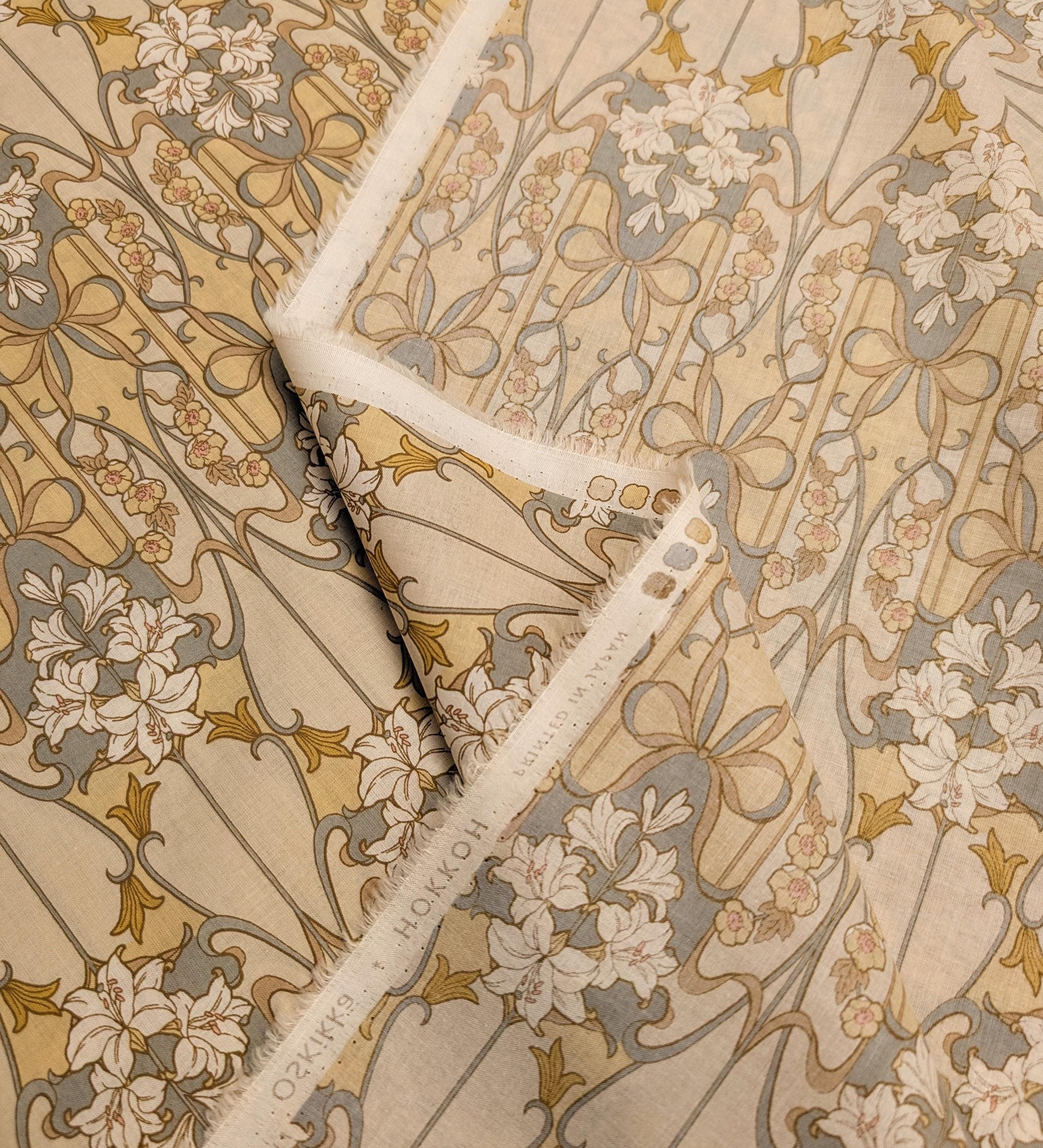 Hokkoh - Nouveau Flower Filigree Cotton Lawn - Beige and Yellow
