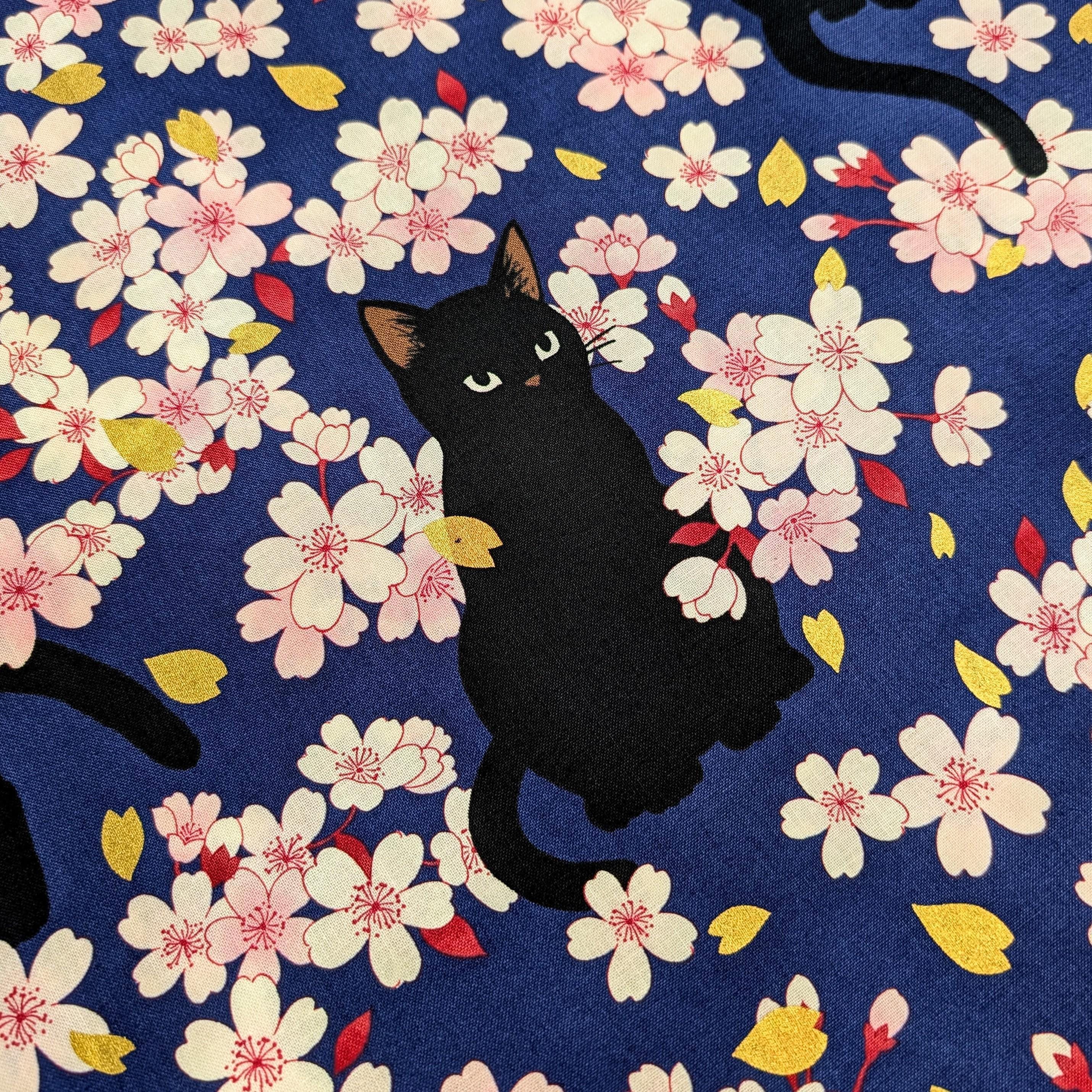 QuiltGate - Hyakka Ryoran Black Cats and Cherry Blossoms Cotton Fabric - Navy Blue