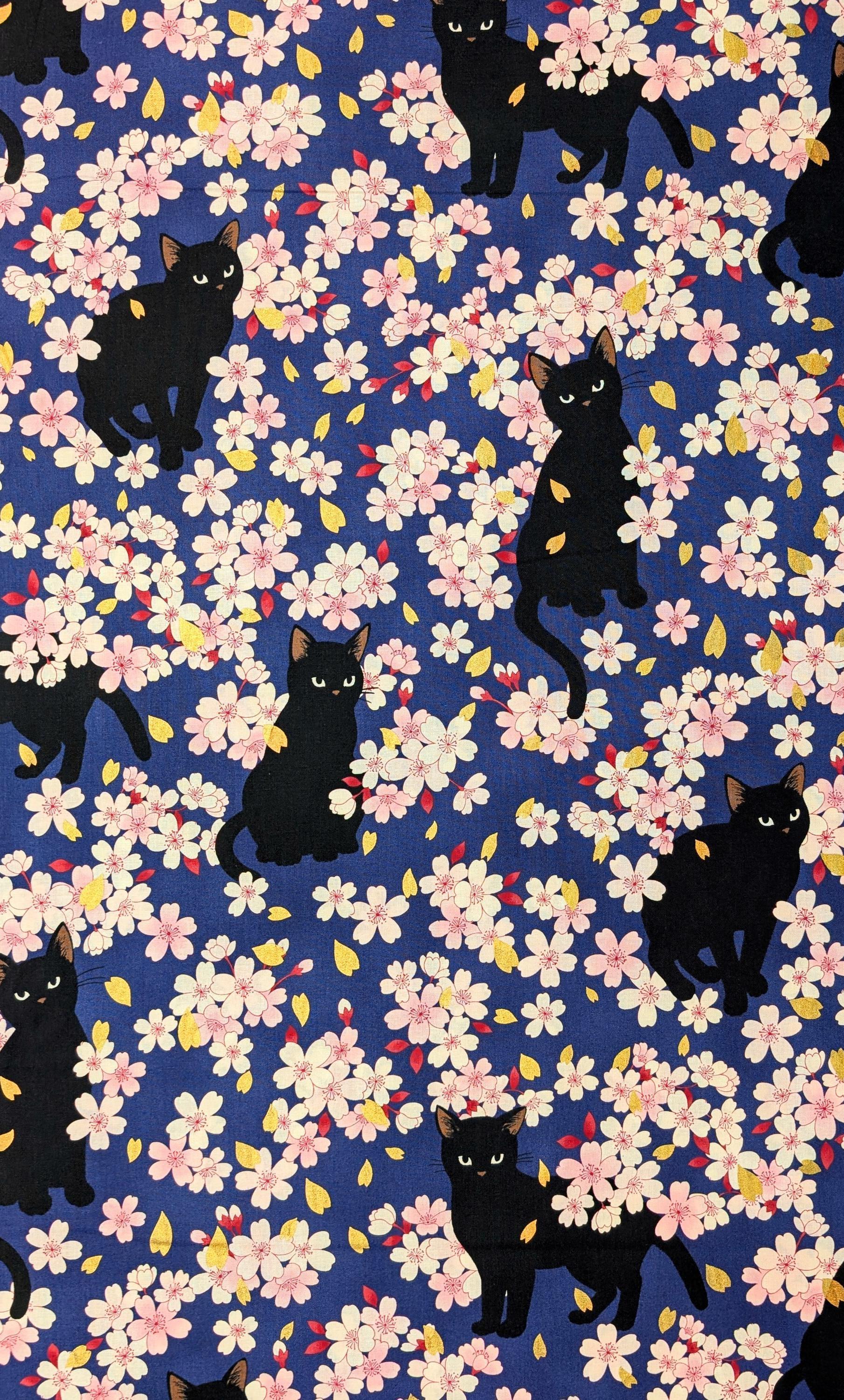 QuiltGate - Hyakka Ryoran Black Cats and Cherry Blossoms Cotton Fabric - Navy Blue