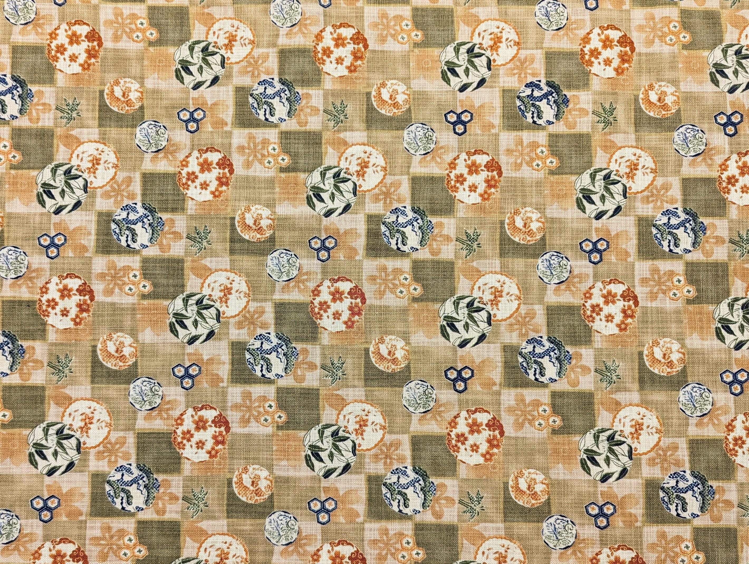 Sevenberry - Rustic Patterned Checkerboard Cotton Fabric - Beige Green