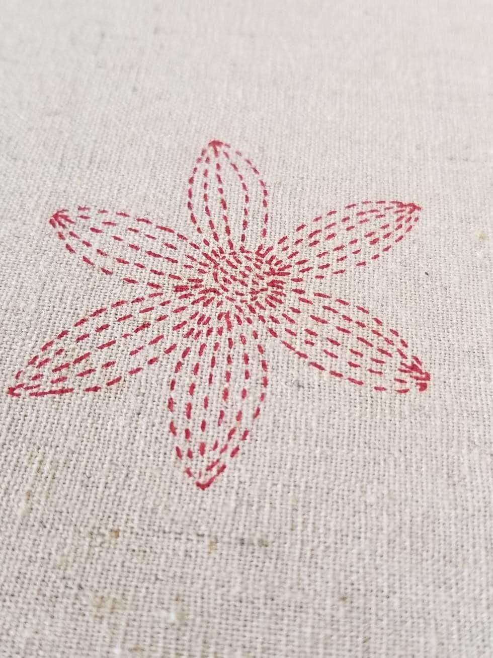 Sashiko Flower print in Red on Natural Japanese Cotton Linen Blend