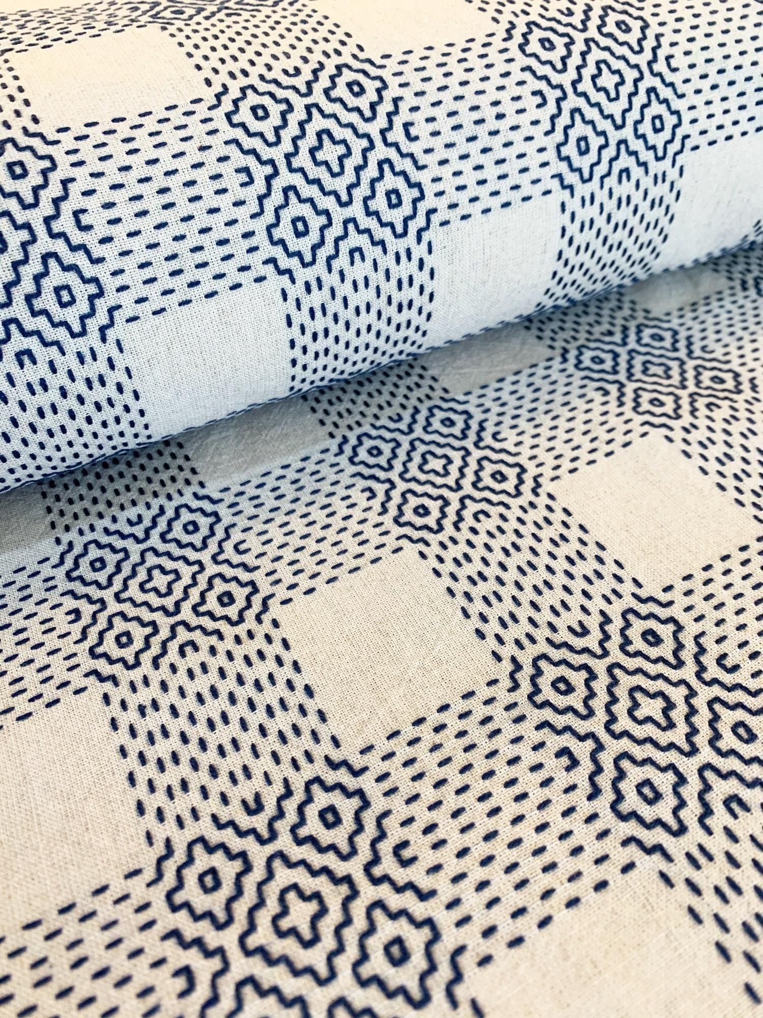 Olympus - Sashiko Sakizomemomen Fabric by the Yard - White Blue