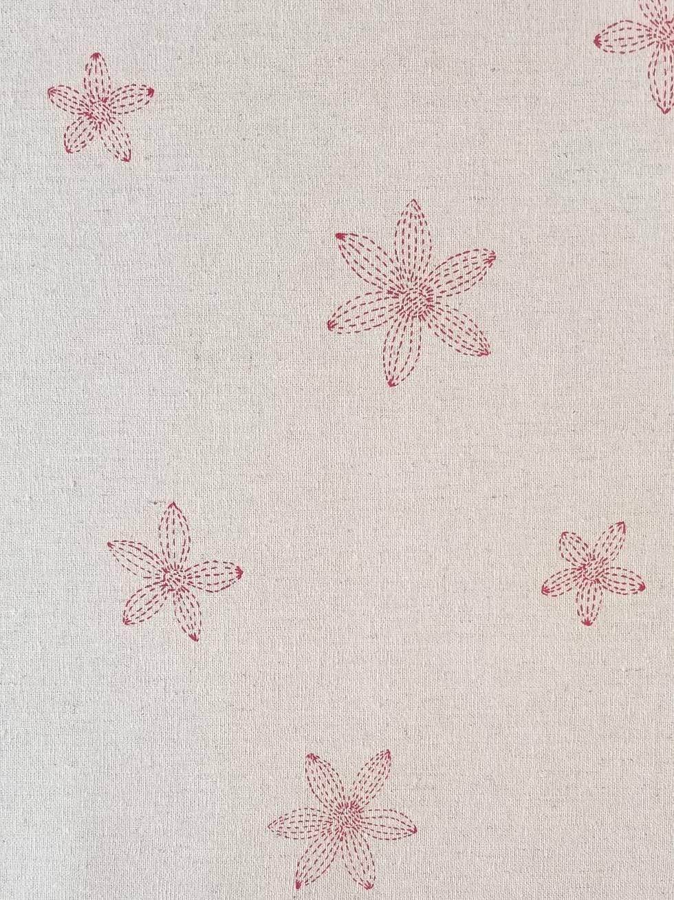 Sashiko Flower print in Red on Natural Japanese Cotton Linen Blend