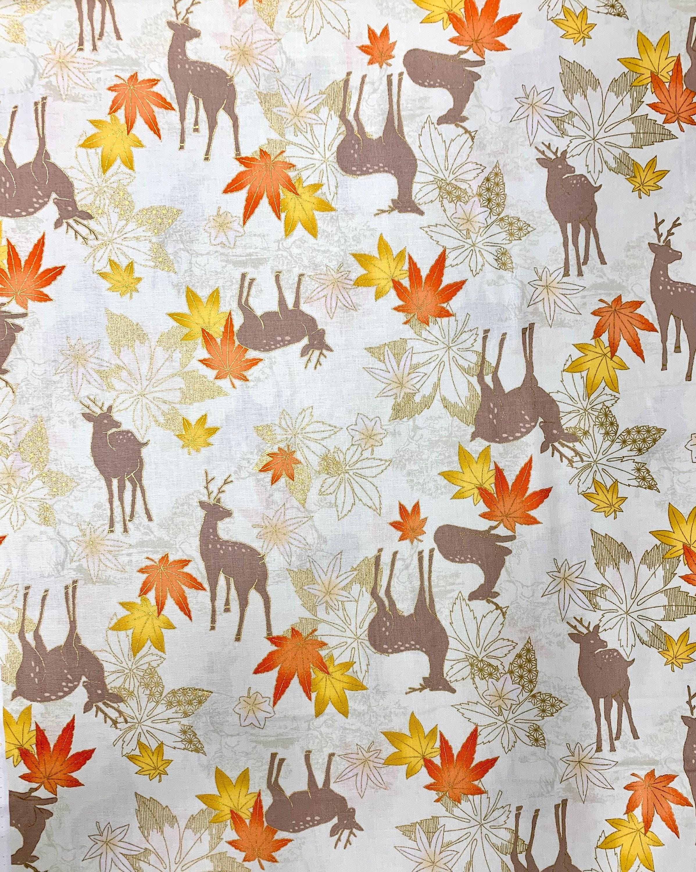 QuiltGate - Hyakka Ryoran Deer and Maple Leaf Cotton Fabric - Cream Orange Yellow Gold