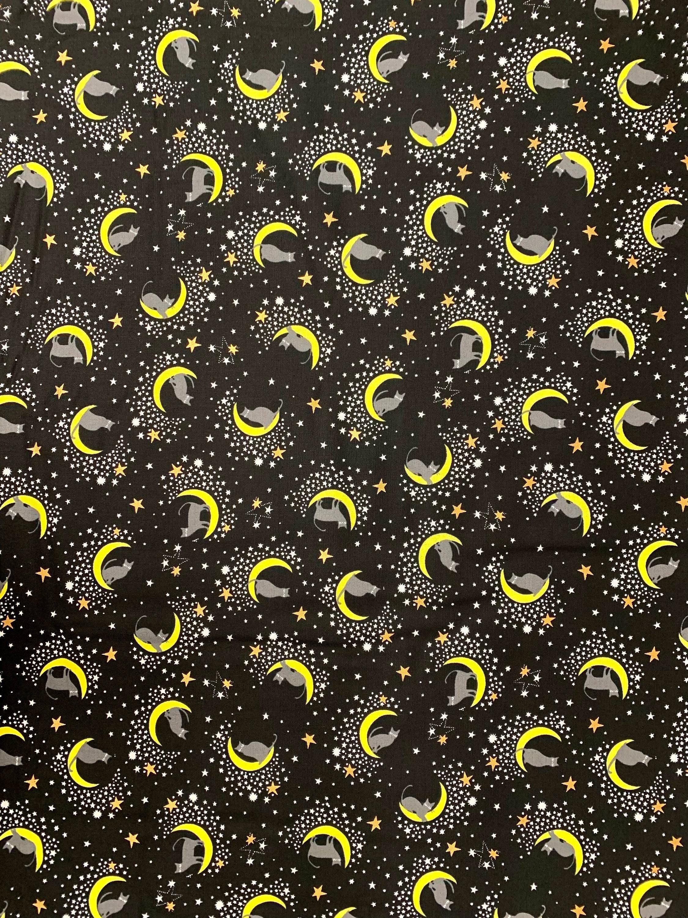 Kokka - Black Cat on the Moon Cotton Fabric - Black Yellow Gray Gold