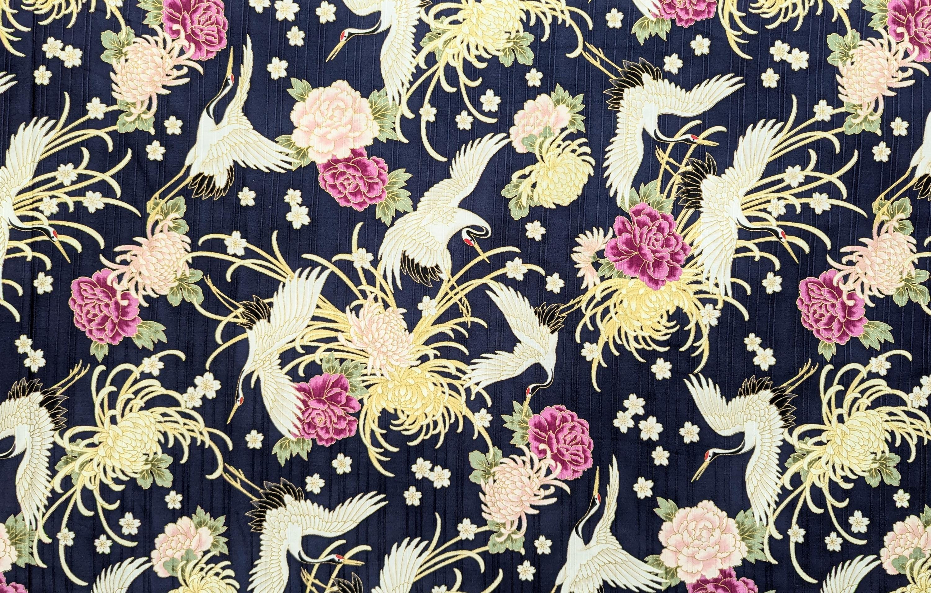 Cosmo - Cranes and Flowers Cotton Shantung - Blue