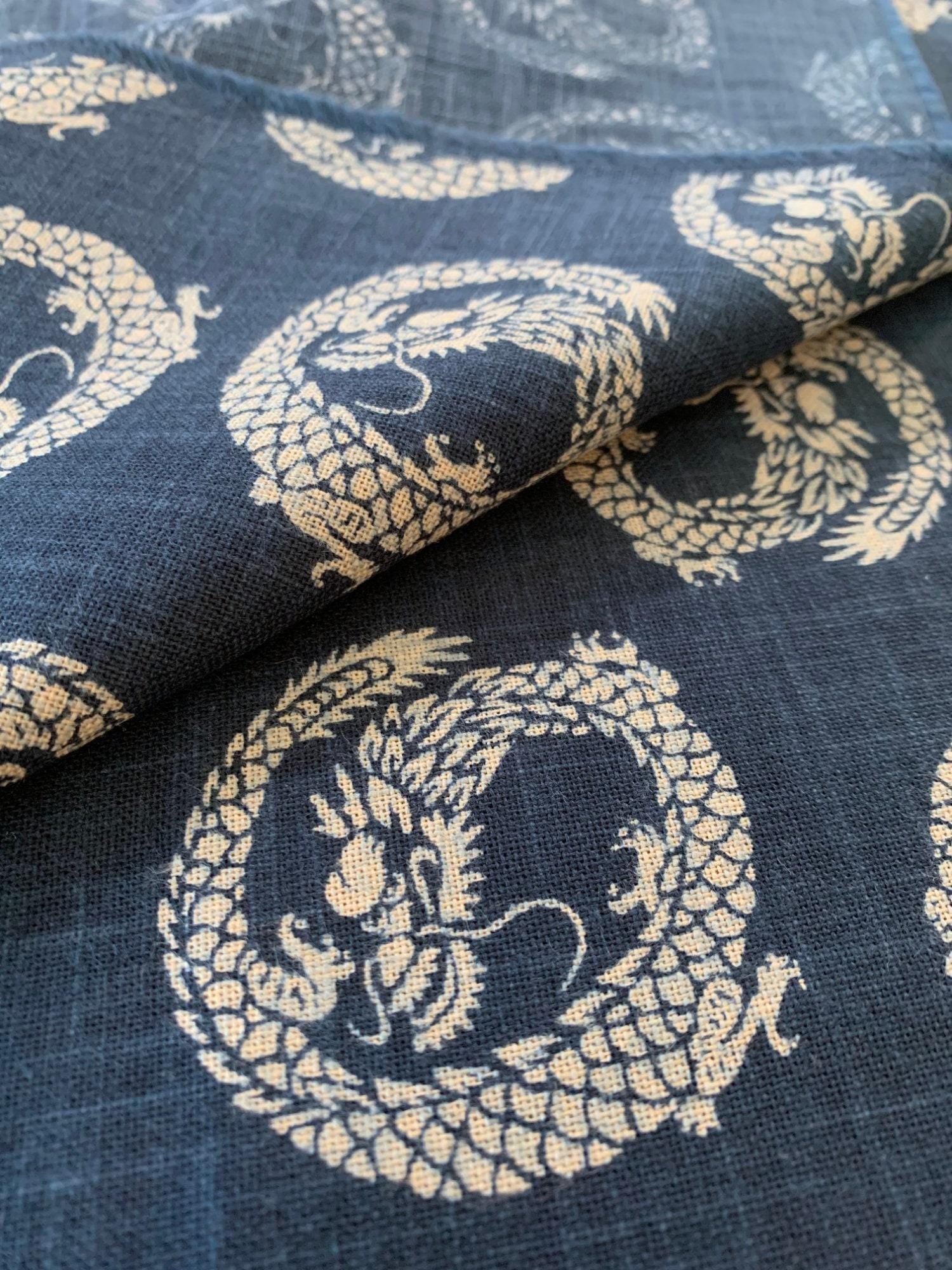 Kurenai - Hand Stenciled Dragons Cotton - Blue Beige