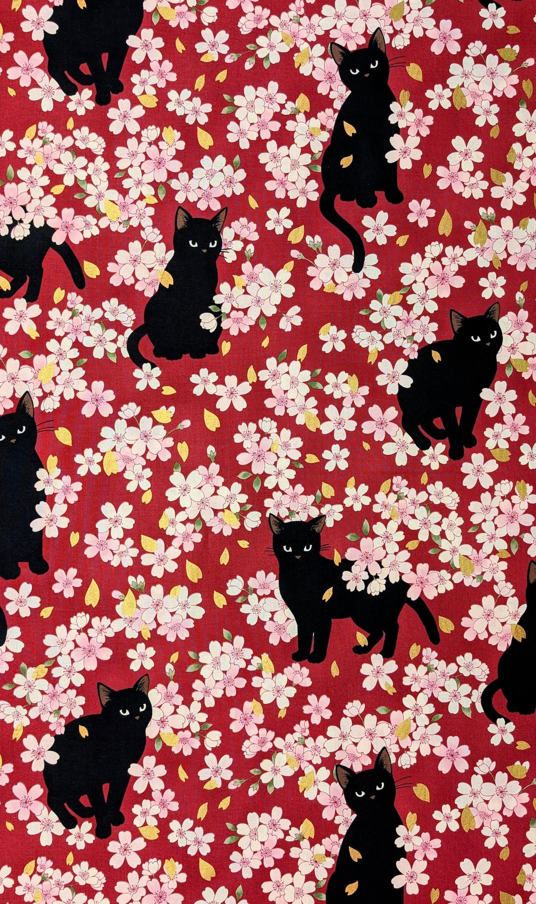QuiltGate - Hyakka Ryoran Black Cats and Cherry Blossoms Cotton Fabric - Red