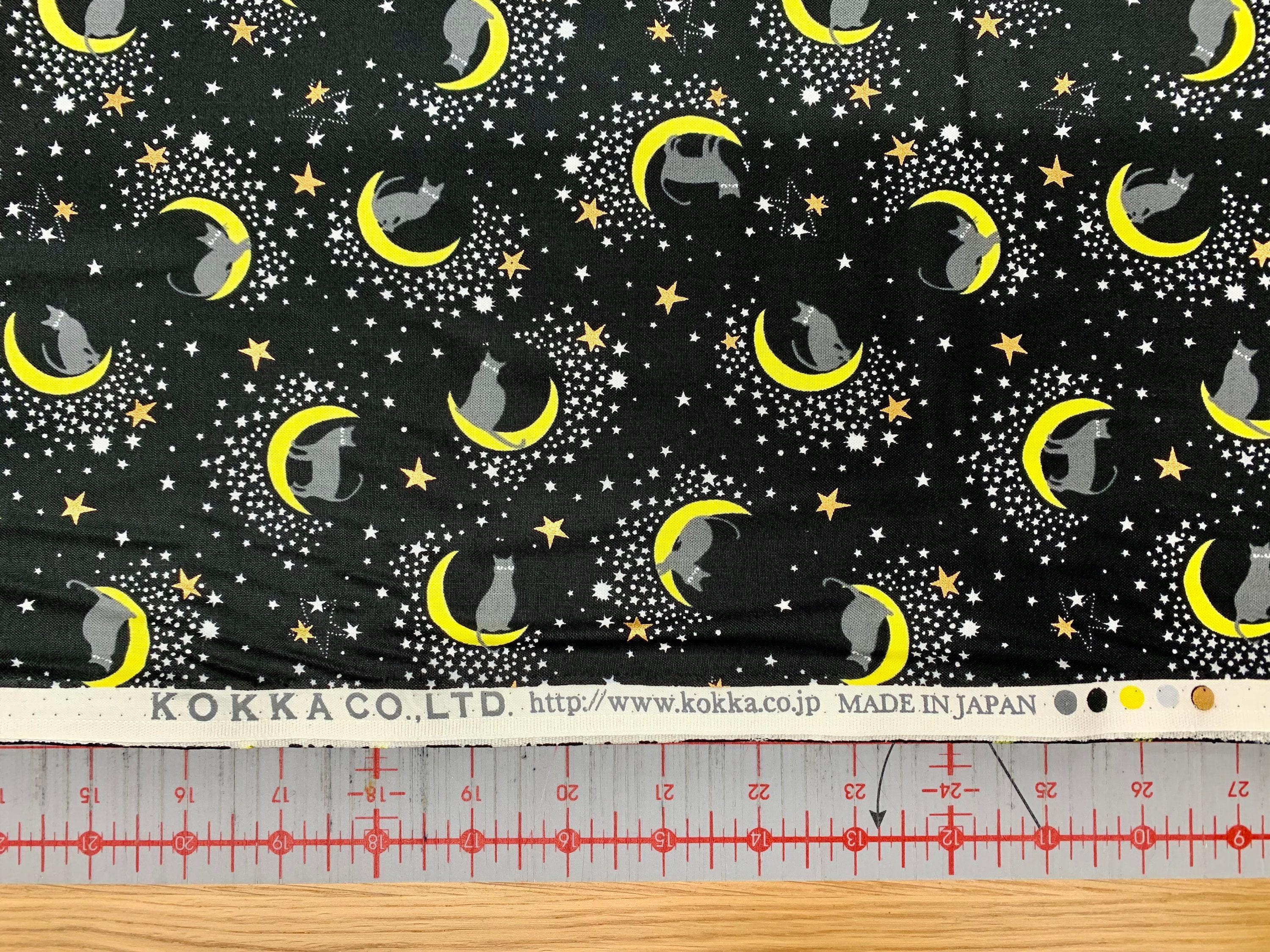 Kokka - Black Cat on the Moon Cotton Fabric - Black Yellow Gray Gold