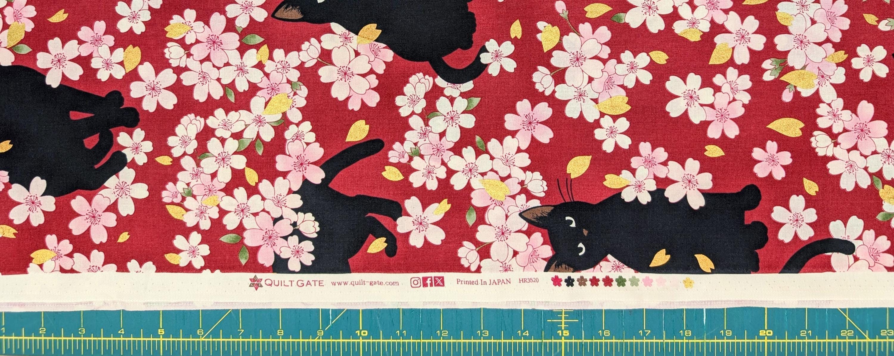 QuiltGate - Hyakka Ryoran Black Cats and Cherry Blossoms Cotton Fabric - Red