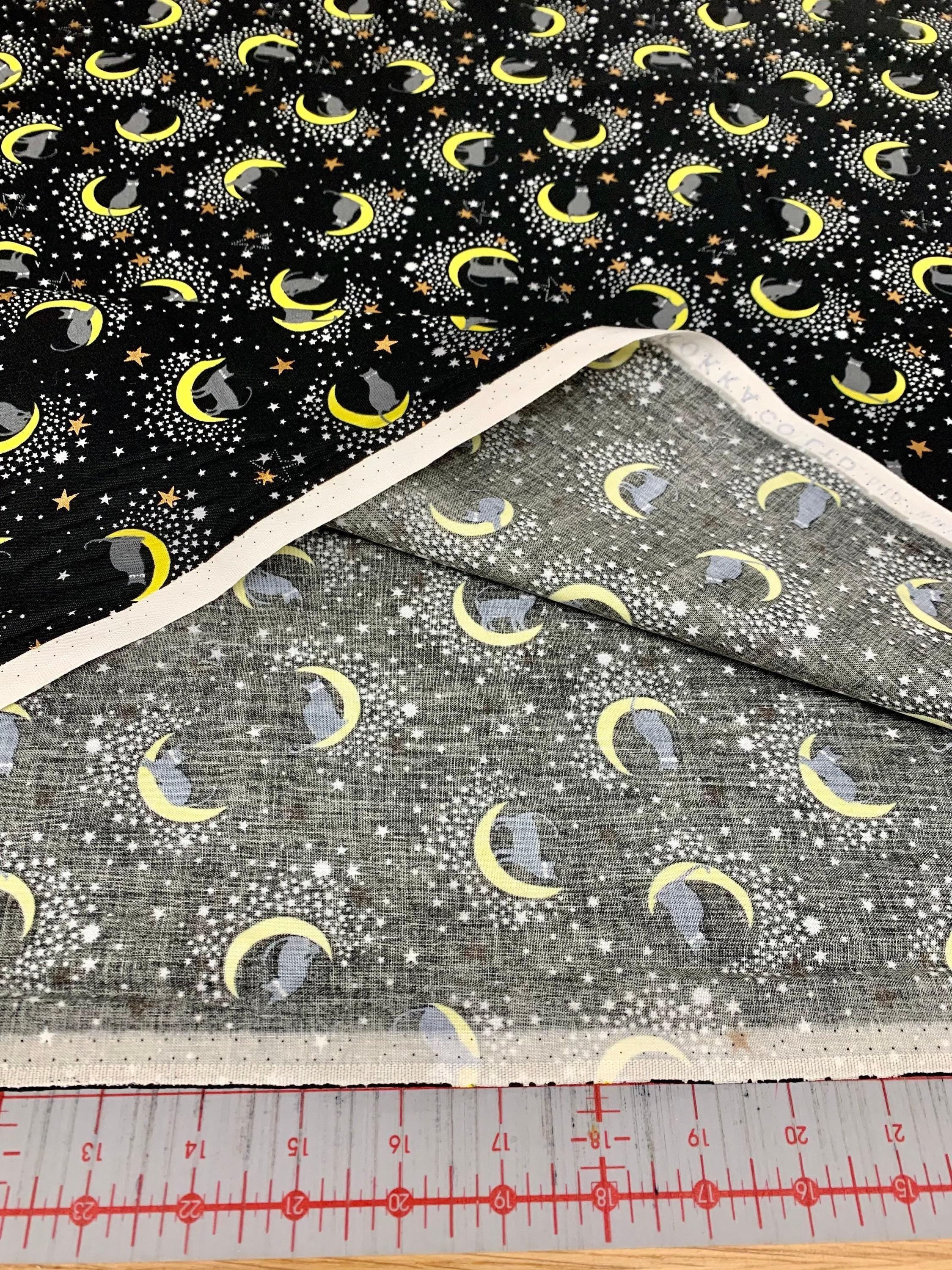 Kokka - Black Cat on the Moon Cotton Fabric - Black Yellow Gray Gold