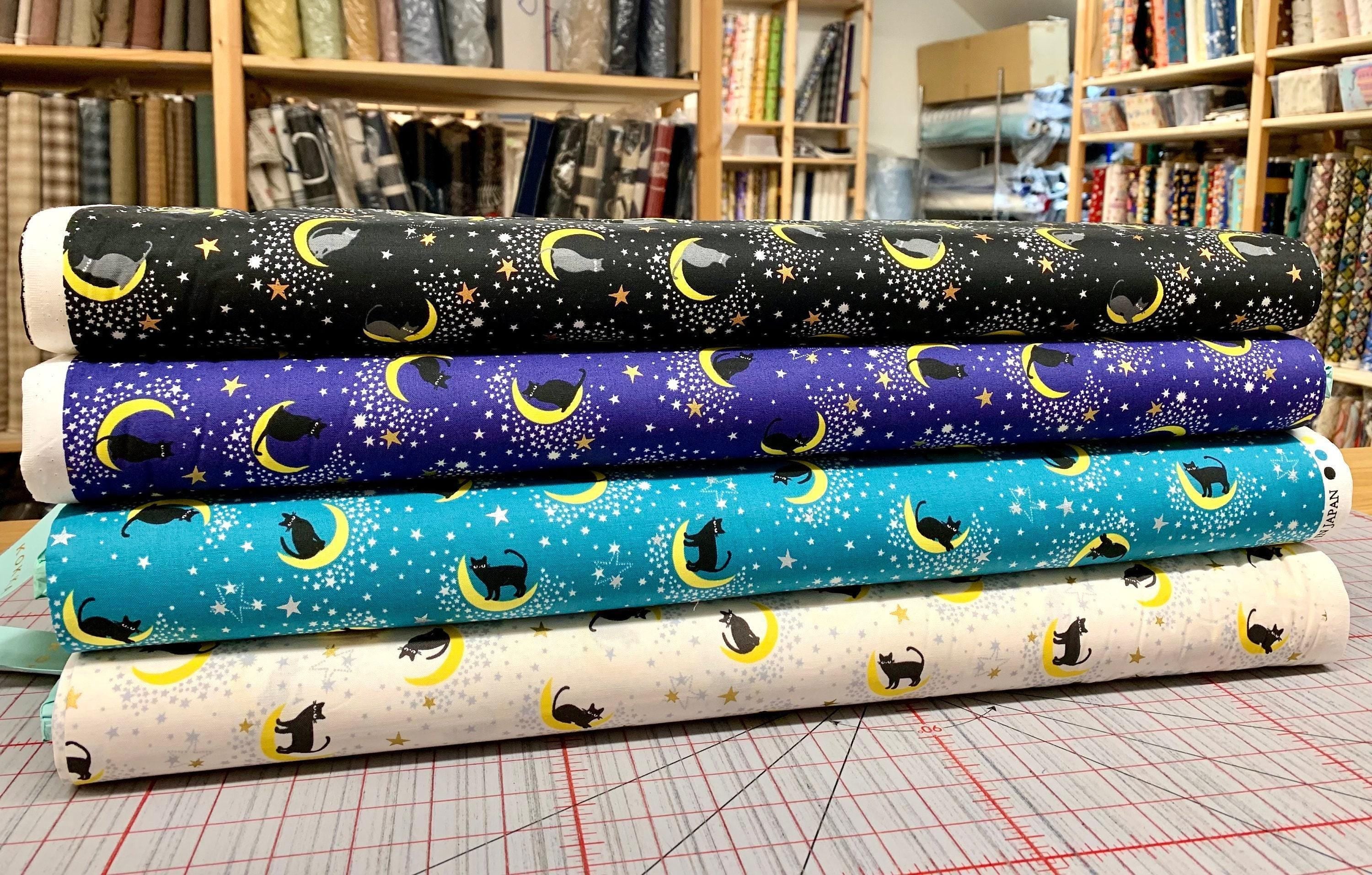 Kokka - Black Cat on the Moon Cotton Fabric - Black Yellow Gray Gold