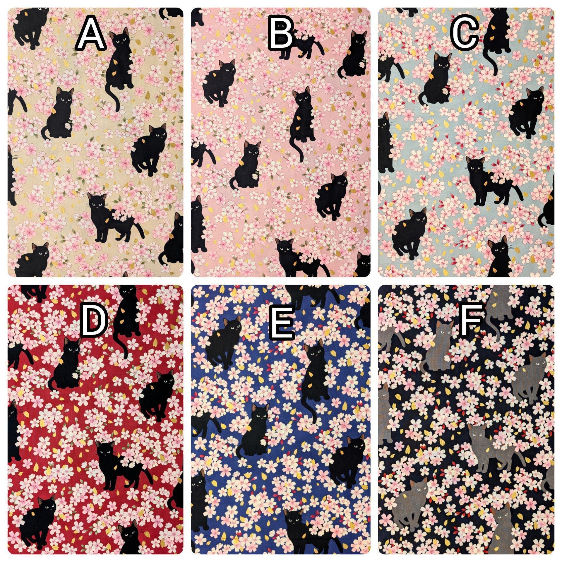 QuiltGate - Hyakka Ryoran Black Cats and Cherry Blossoms Cotton Fabric - Red